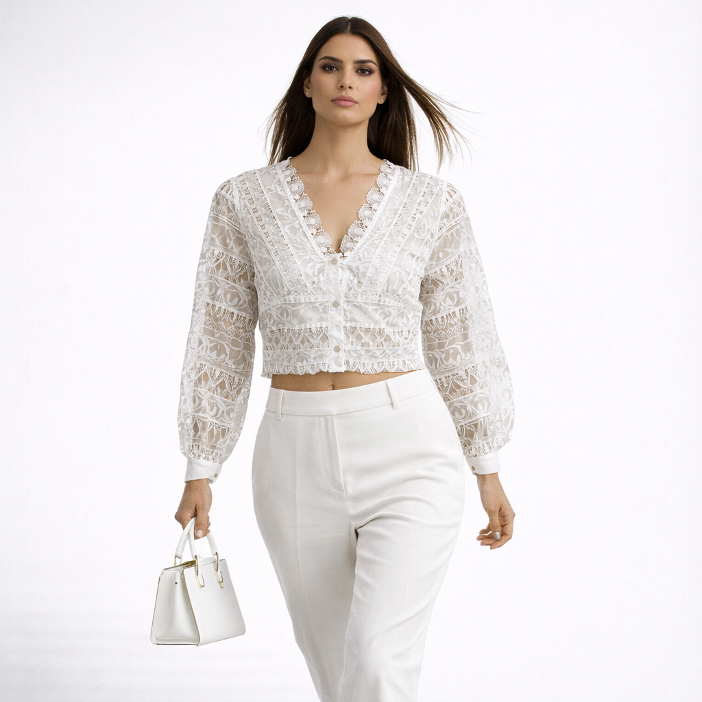 White Self Embroidered Crop Top