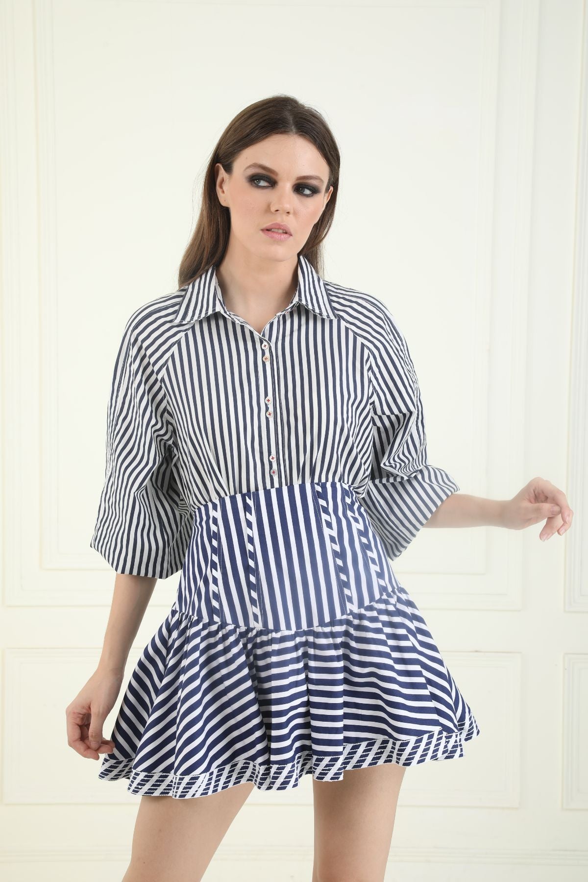 Double Collar Shirt & High Waist Skater Skirt ( Set of 2 ) - Striped