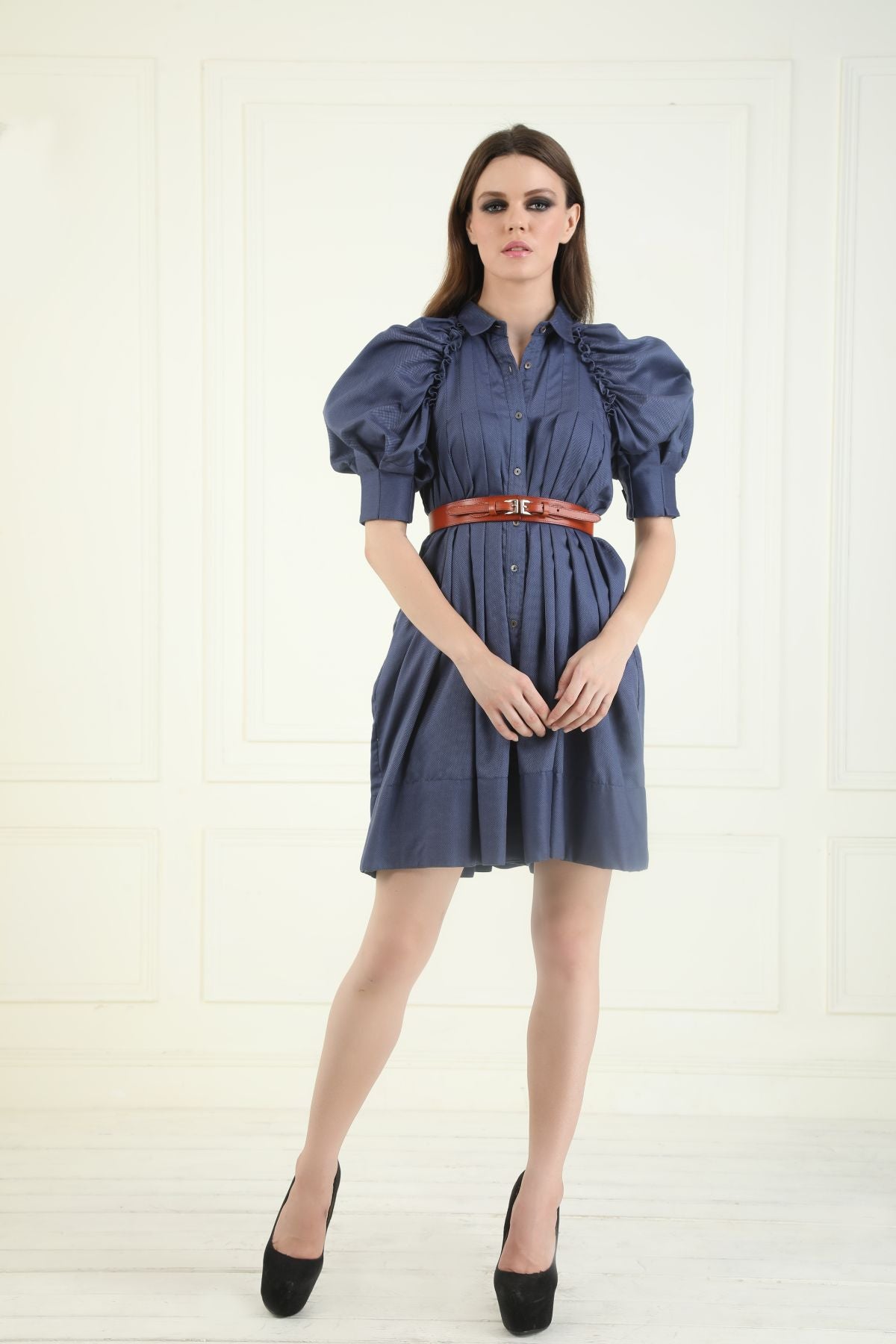Puff sleeved Box Pleated Shirt Style Tunic - Blue