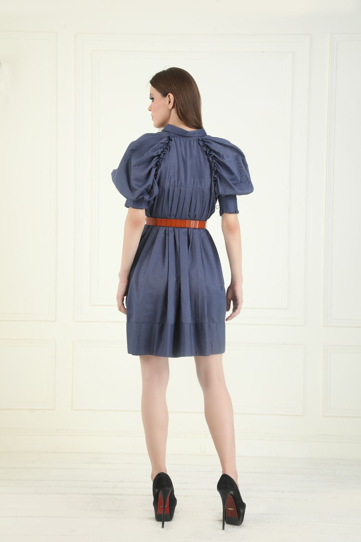 Puff sleeved Box Pleated Shirt Style Tunic - Blue
