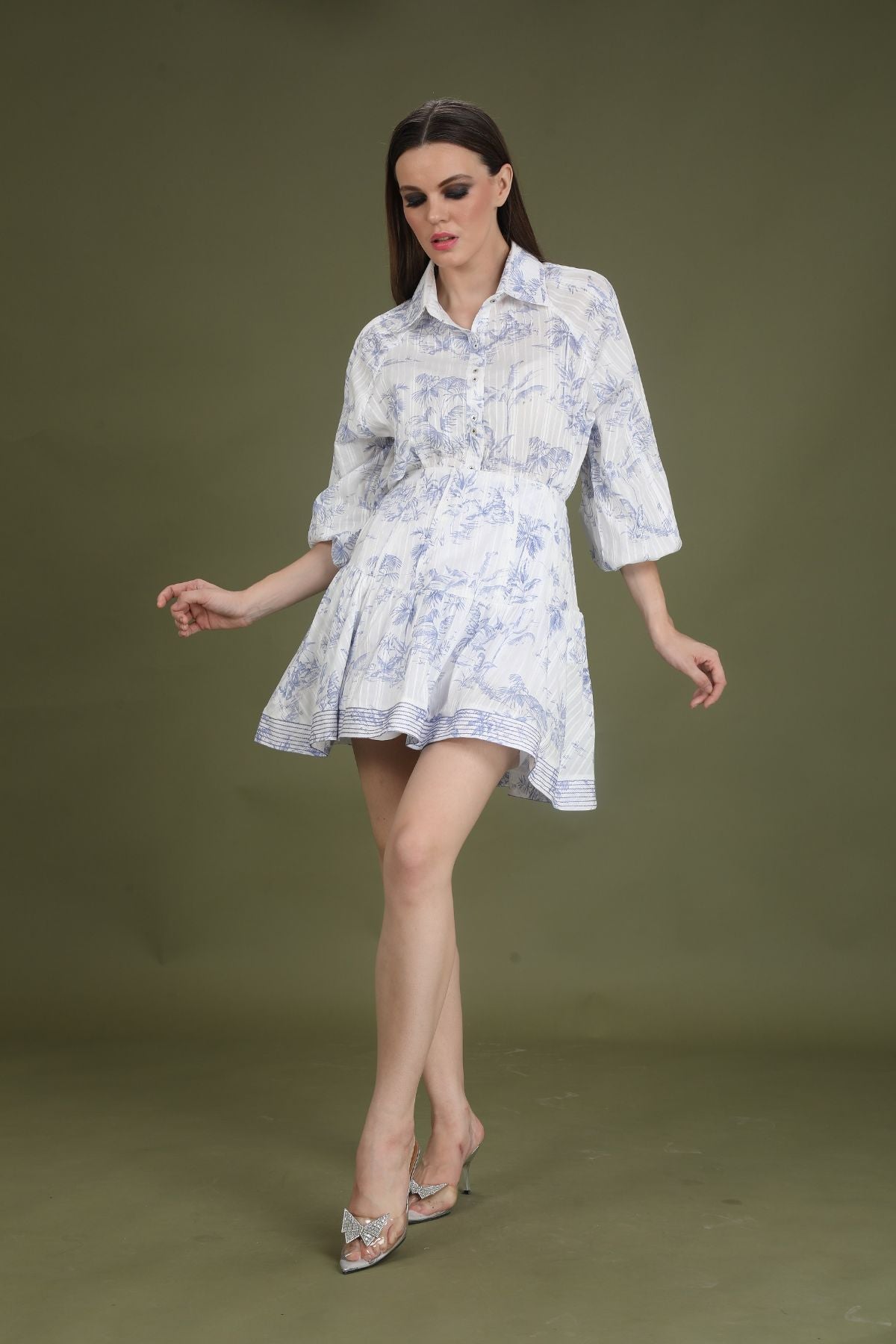 Double Collar Shirt & High Waist Skater Skirt ( Set of 2 ) - Floral