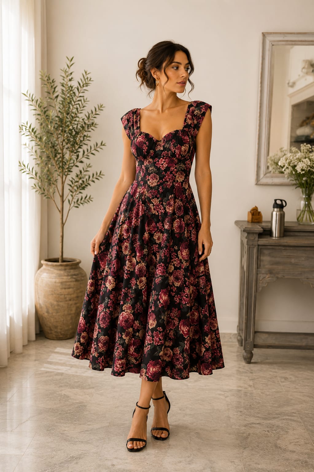 VINTAGE ROSE PRINTED MIDI DRESS