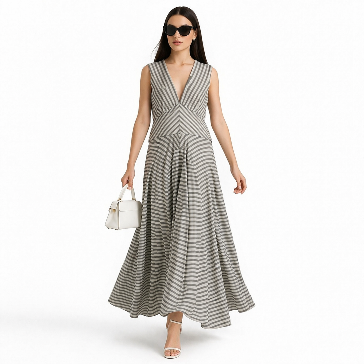 Stripes plunging neck line long dress