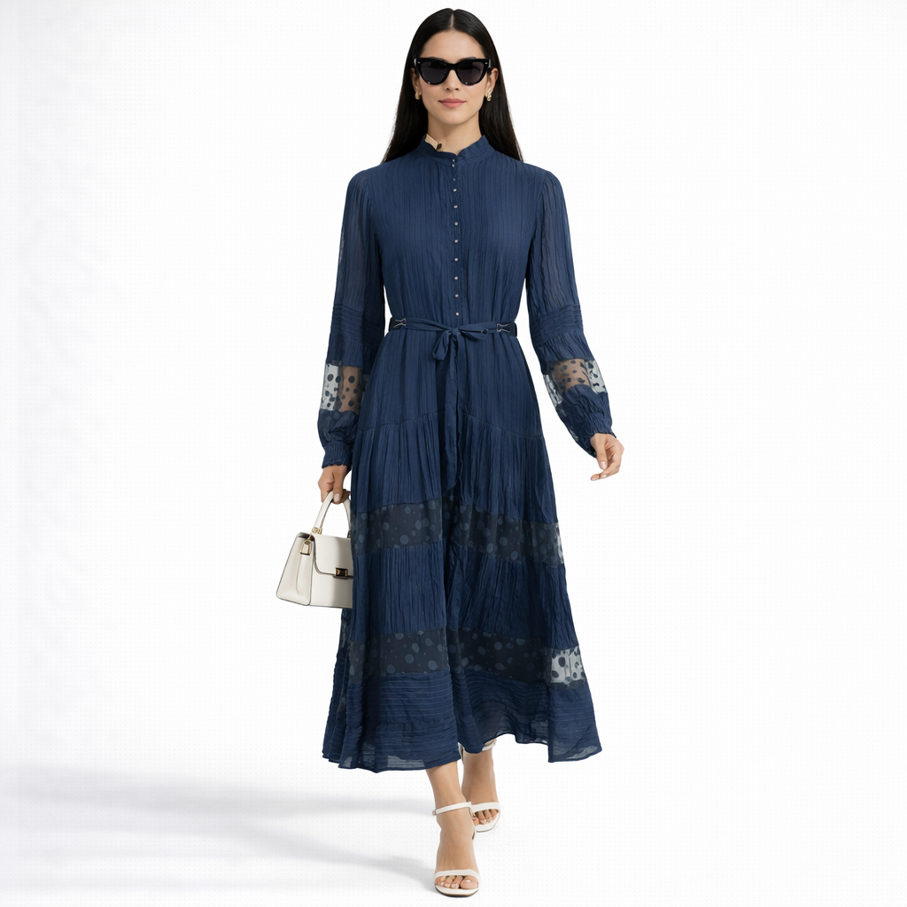 Midnight Blue Pintuck Long Dress