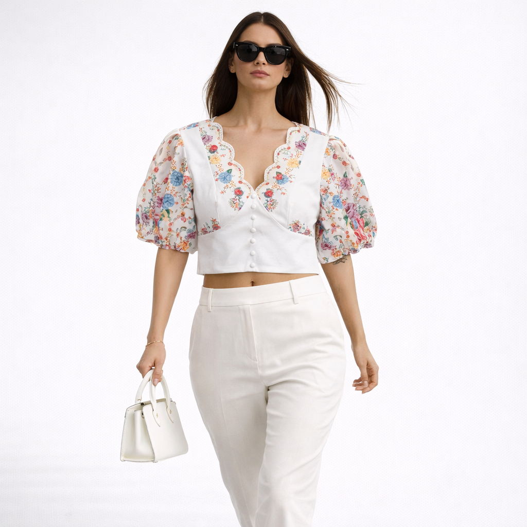 White Floral Crop Top
