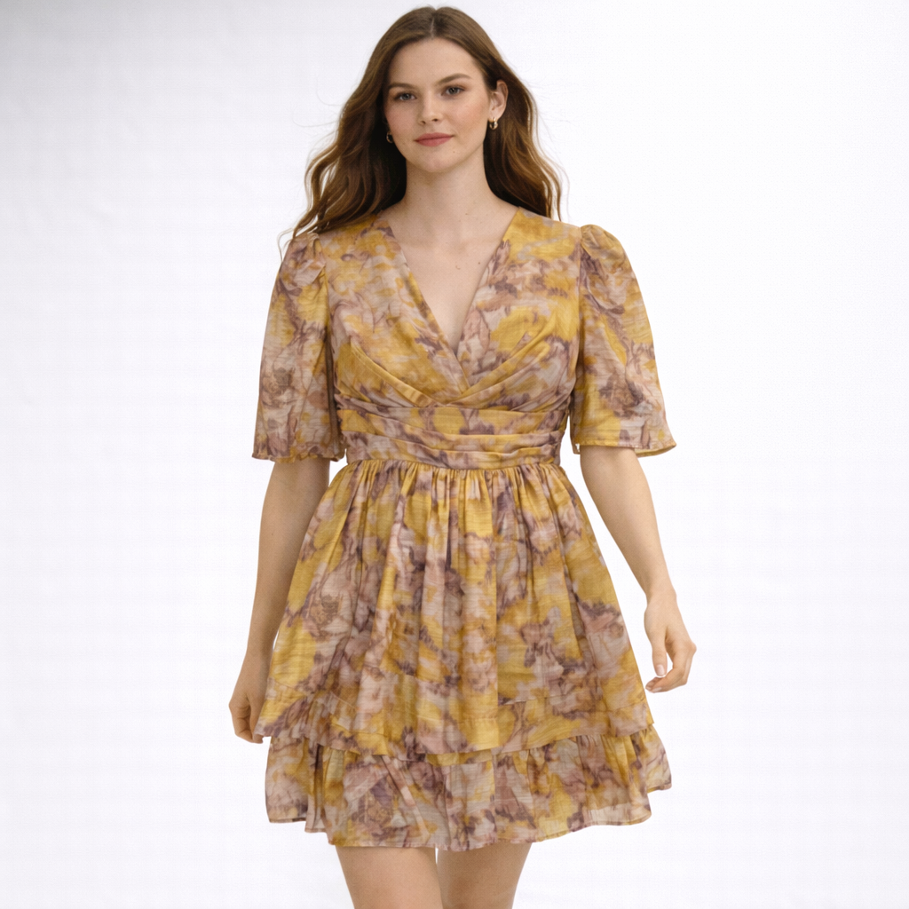 Ruched Waist Flared Mini Dress.