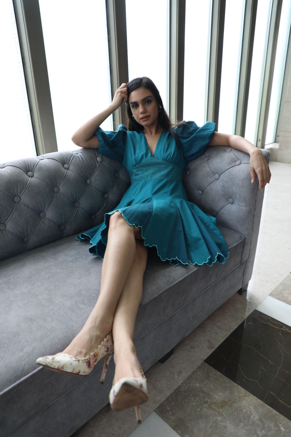 Puff Sleeved Pleated Skater Mini Dress