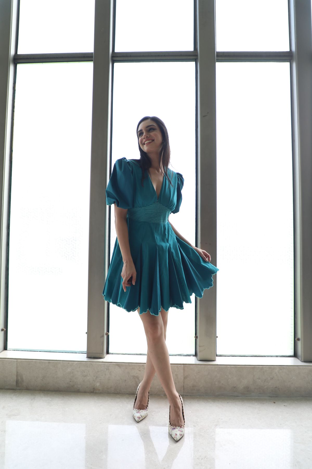 Puff Sleeved Pleated Skater Mini Dress