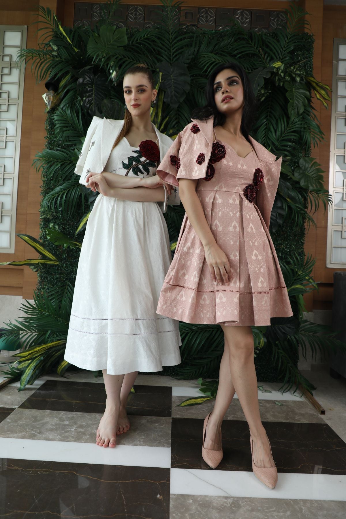 Pink Silk Jacquard Mini Dress with Silk Jacquard Crop Embellished Jacket ( Set of 2 )