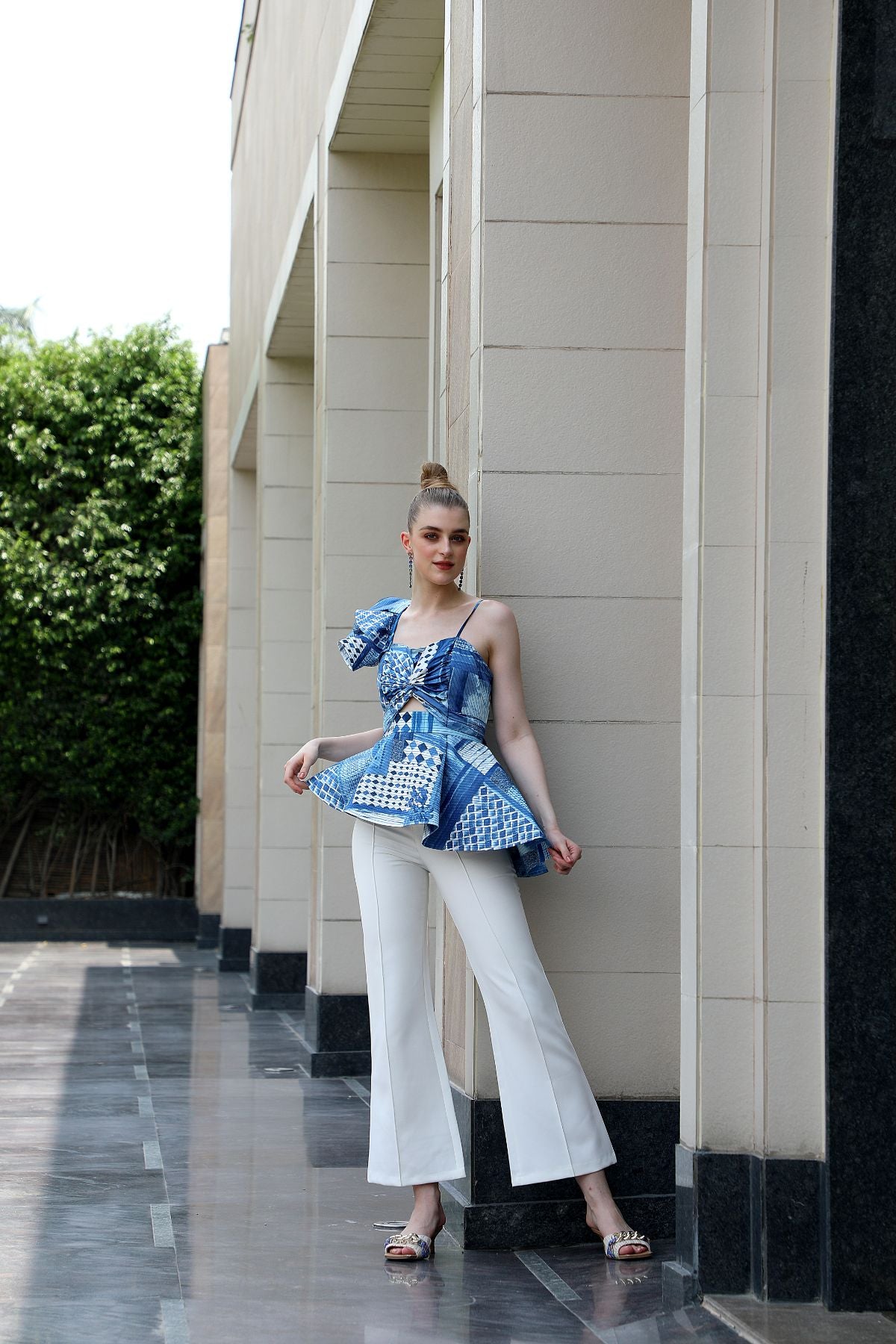 Inclined Ruffle Shoulder Asymmetric Peplum Top - Moroccan Blue