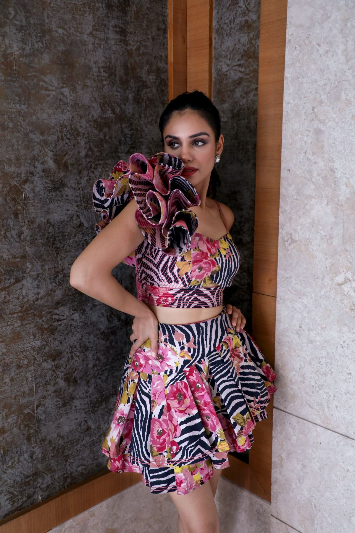Ani Flora Co-ordinated Set - One Shoulder Ruffled Crop Top & Asymmetric Tiered Skater Skirt