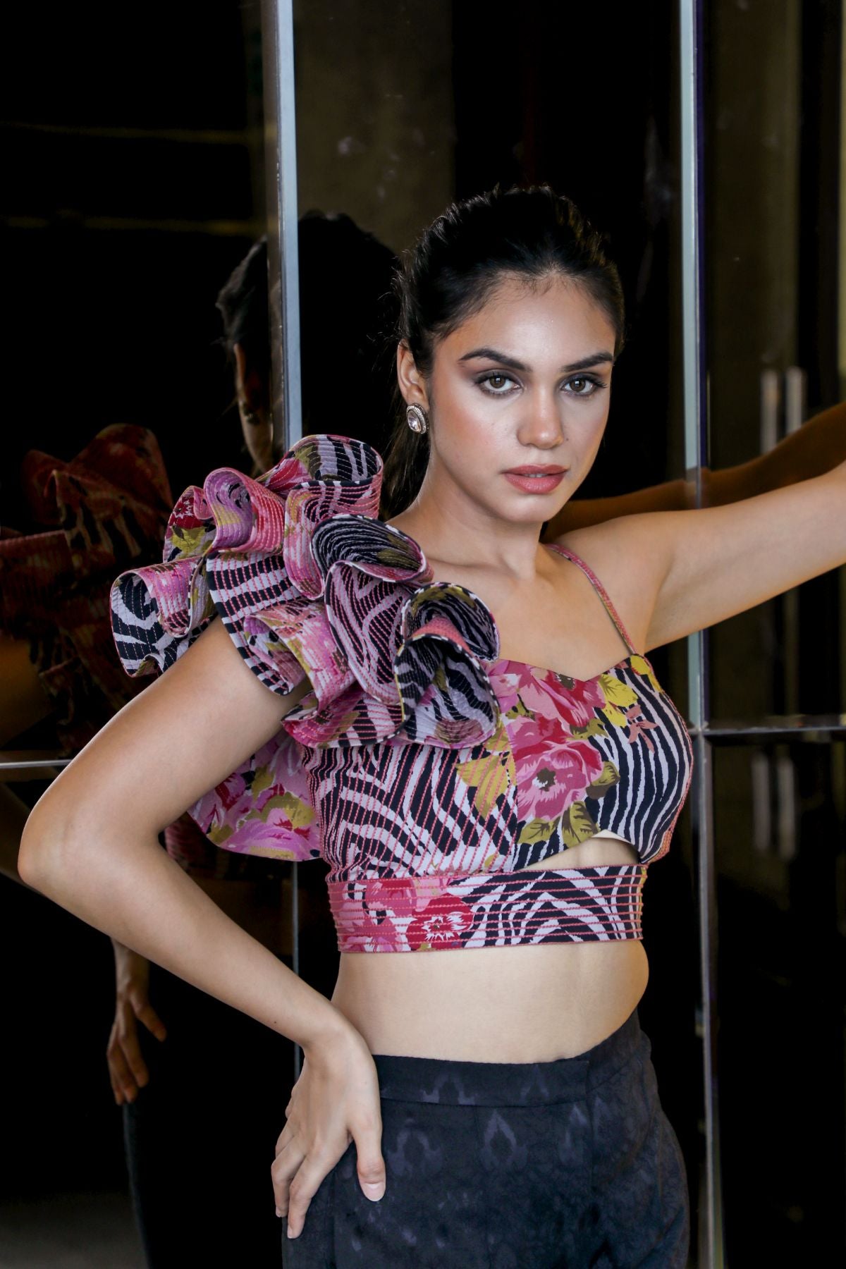 Ani Flora One Shoulder Ruffled Crop Top with Black Silk Jacquard Bootcut Pants
