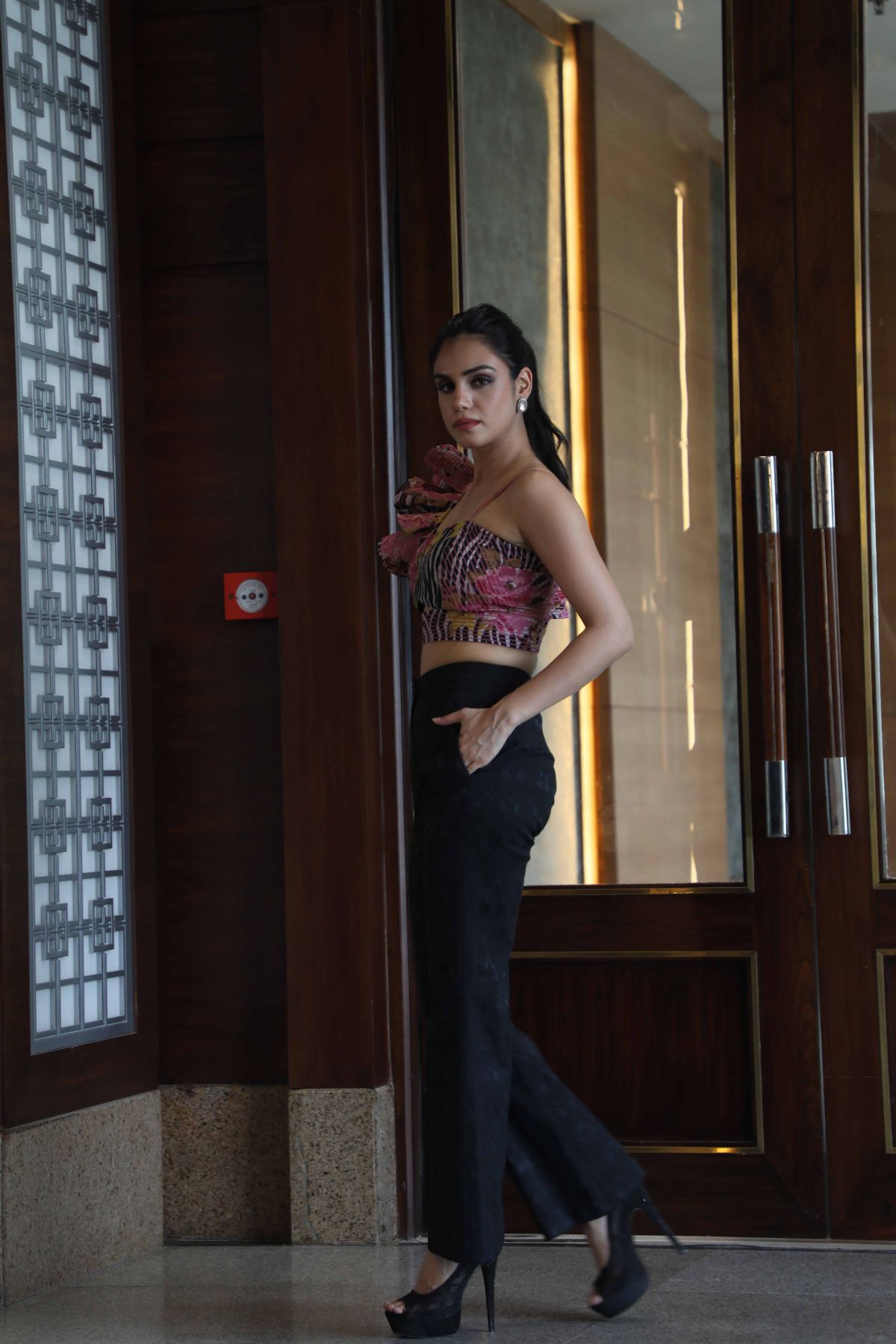 Ani Flora One Shoulder Ruffled Crop Top with Black Silk Jacquard Bootcut Pants