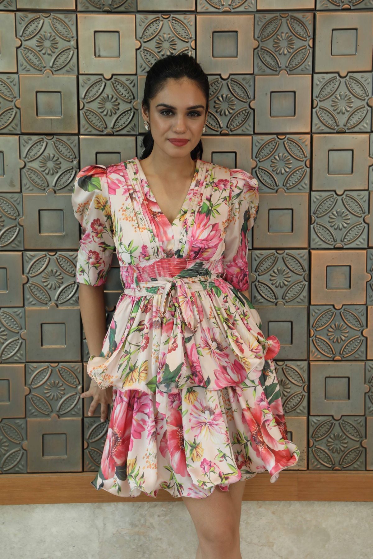 Pink Floral Satin Twin-Tier Mini Dress