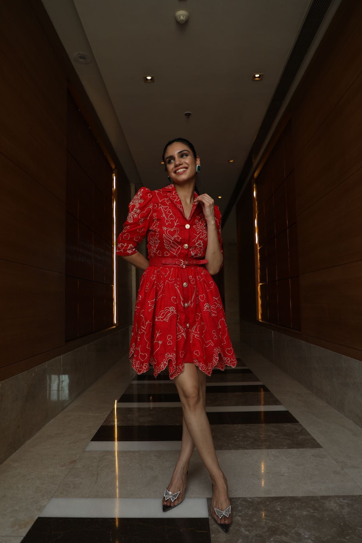 Red Cupid Amor Embroidered Mini Dress