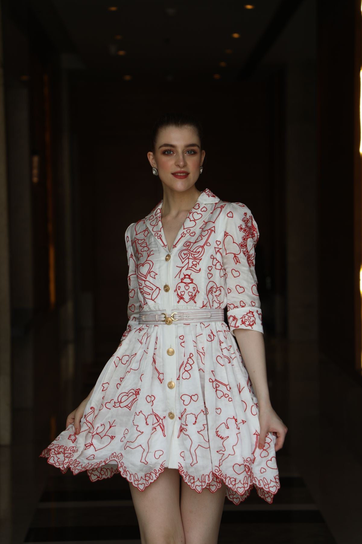 Red on White Cupid Amor Embroidered Mini Dress