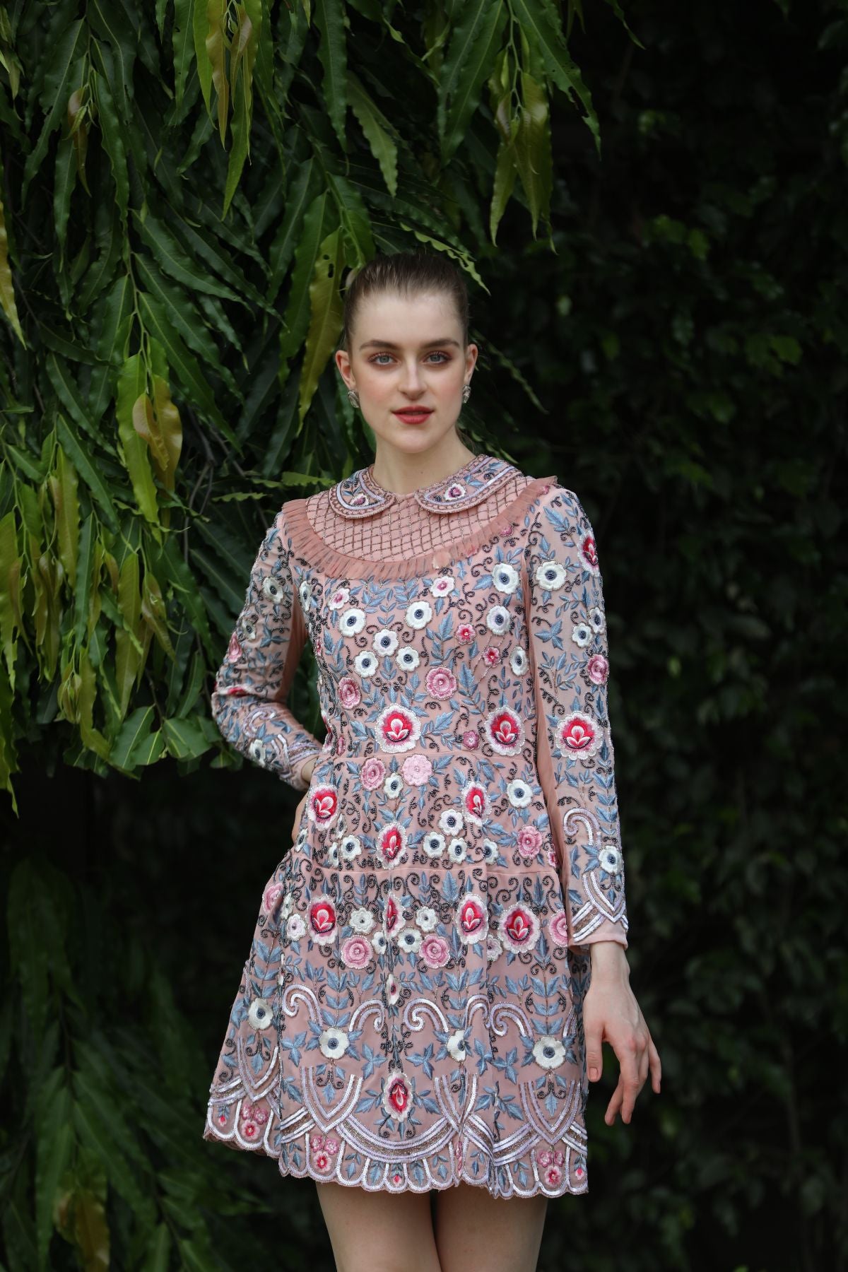 Peterpan Collar Embroidered & Embellished Dress - Pink