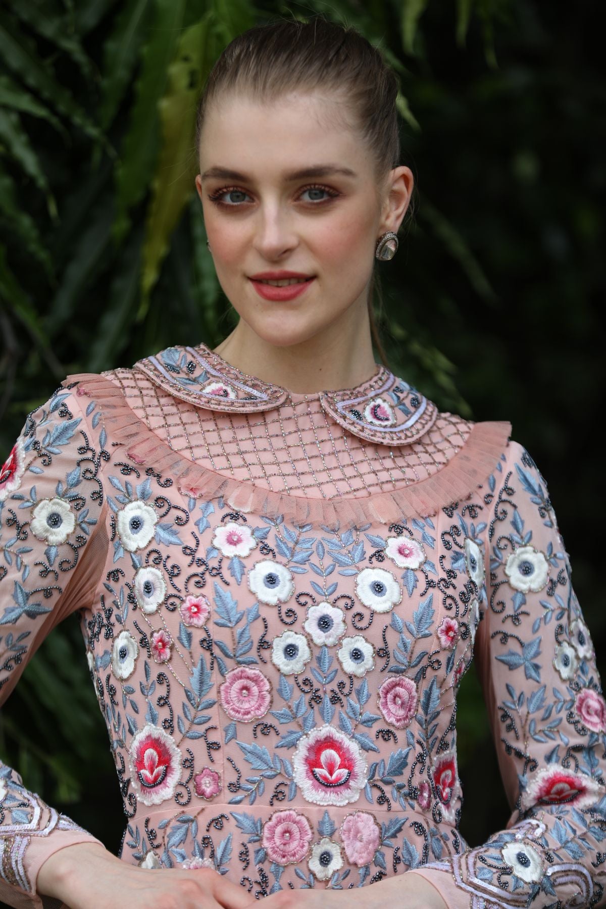 Peterpan Collar Embroidered & Embellished Dress - Pink