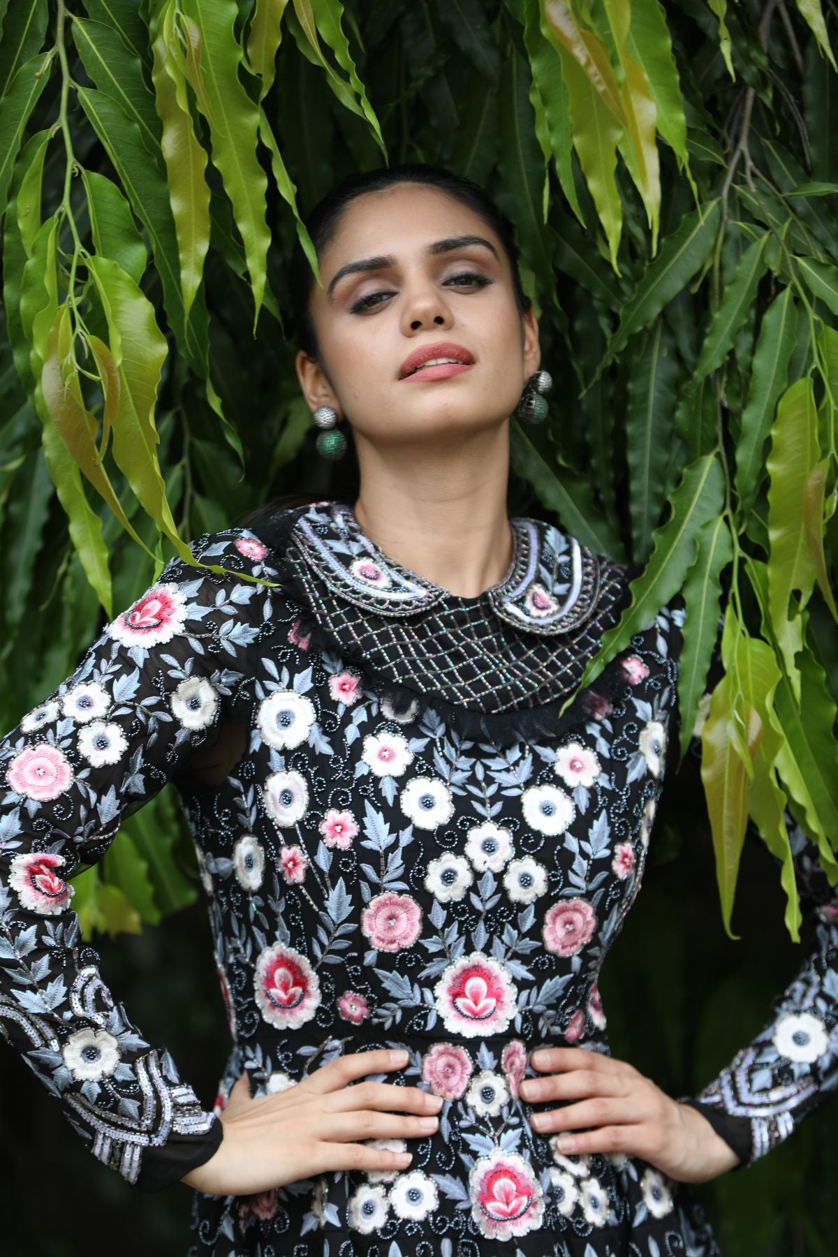 Peterpan Collar Embroidered & Embellished Dress - Black