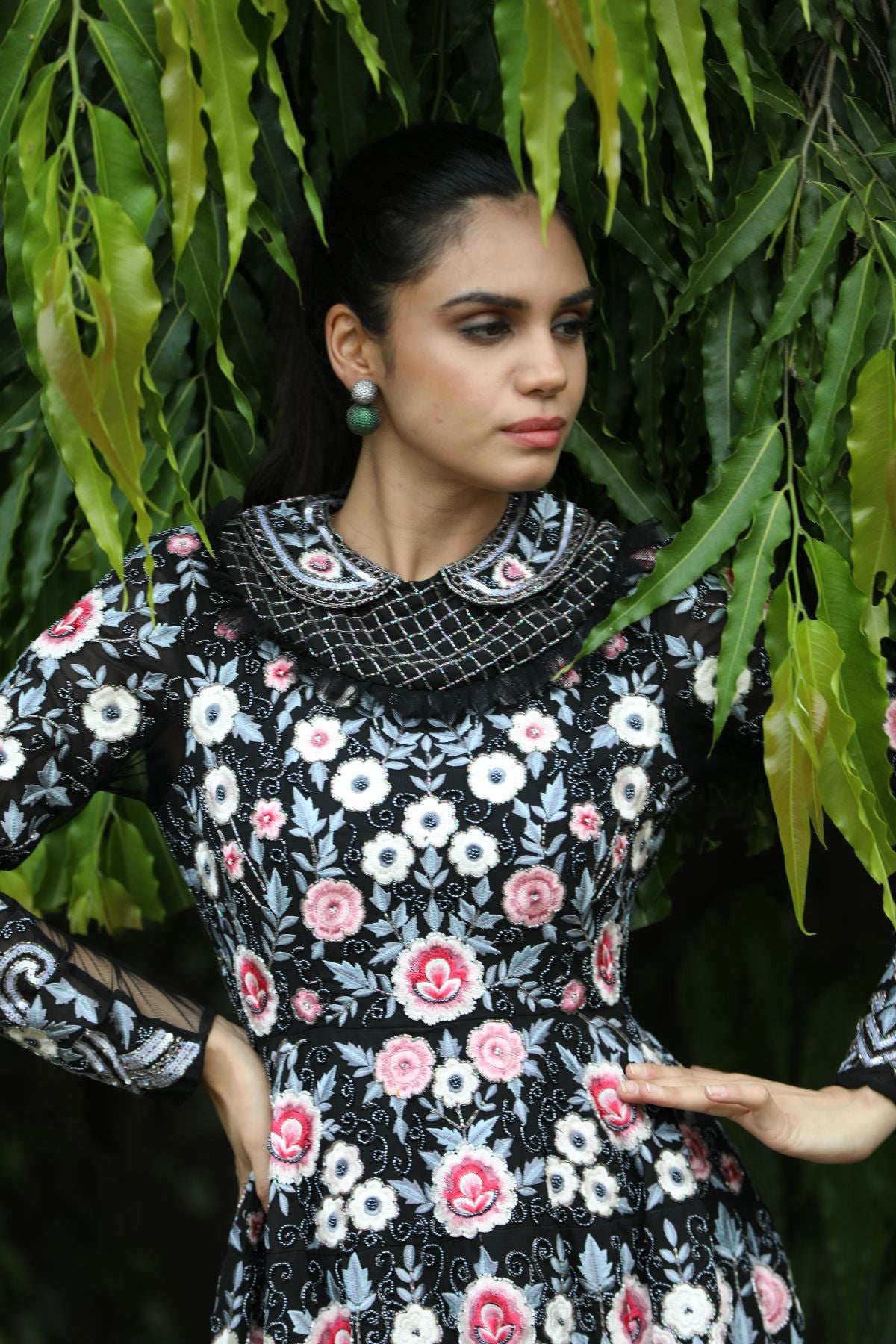 Peterpan Collar Embroidered & Embellished Dress - Black