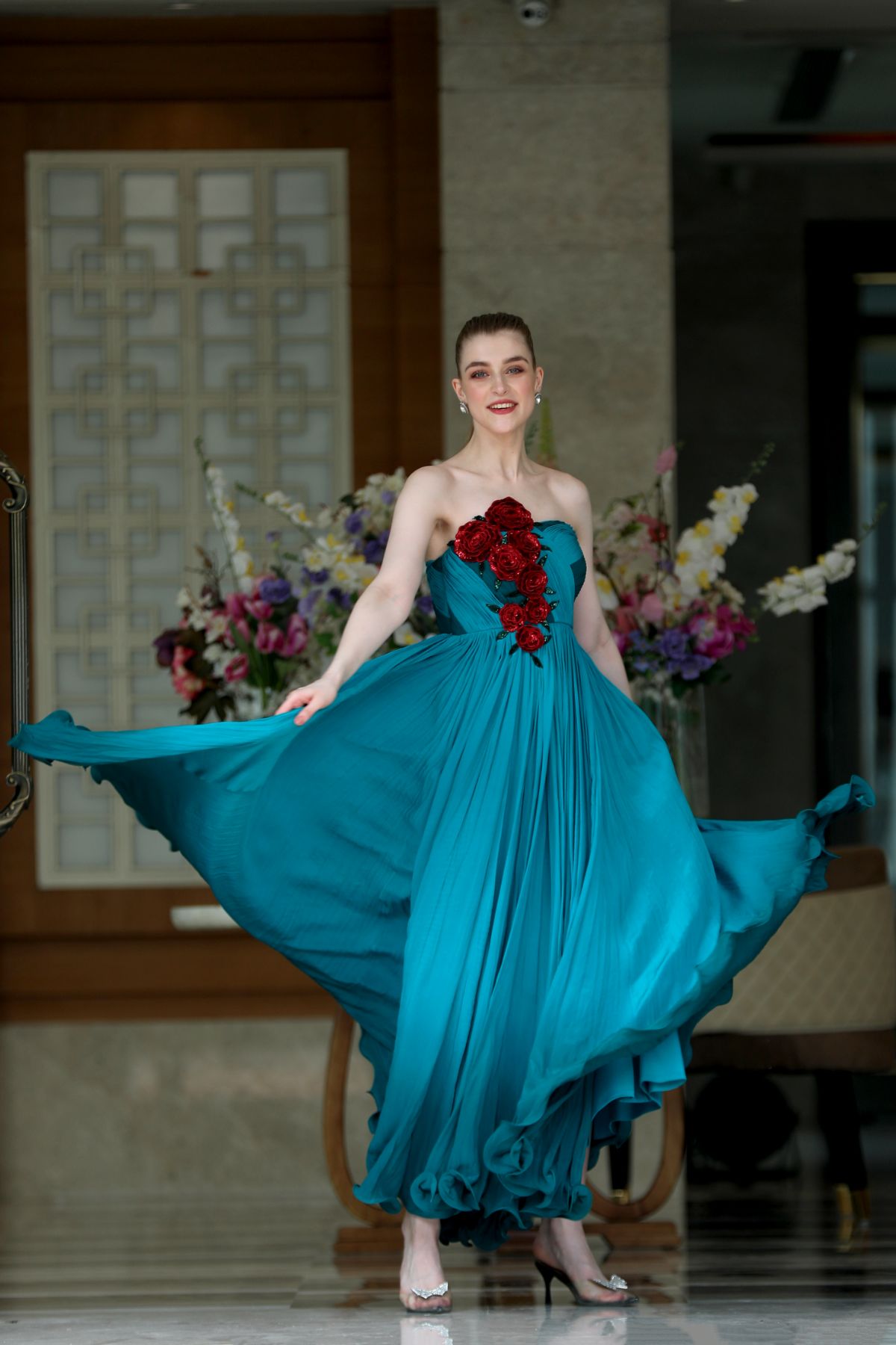 Bustier Embroidered Ombre Gown in Blue & Aqua
