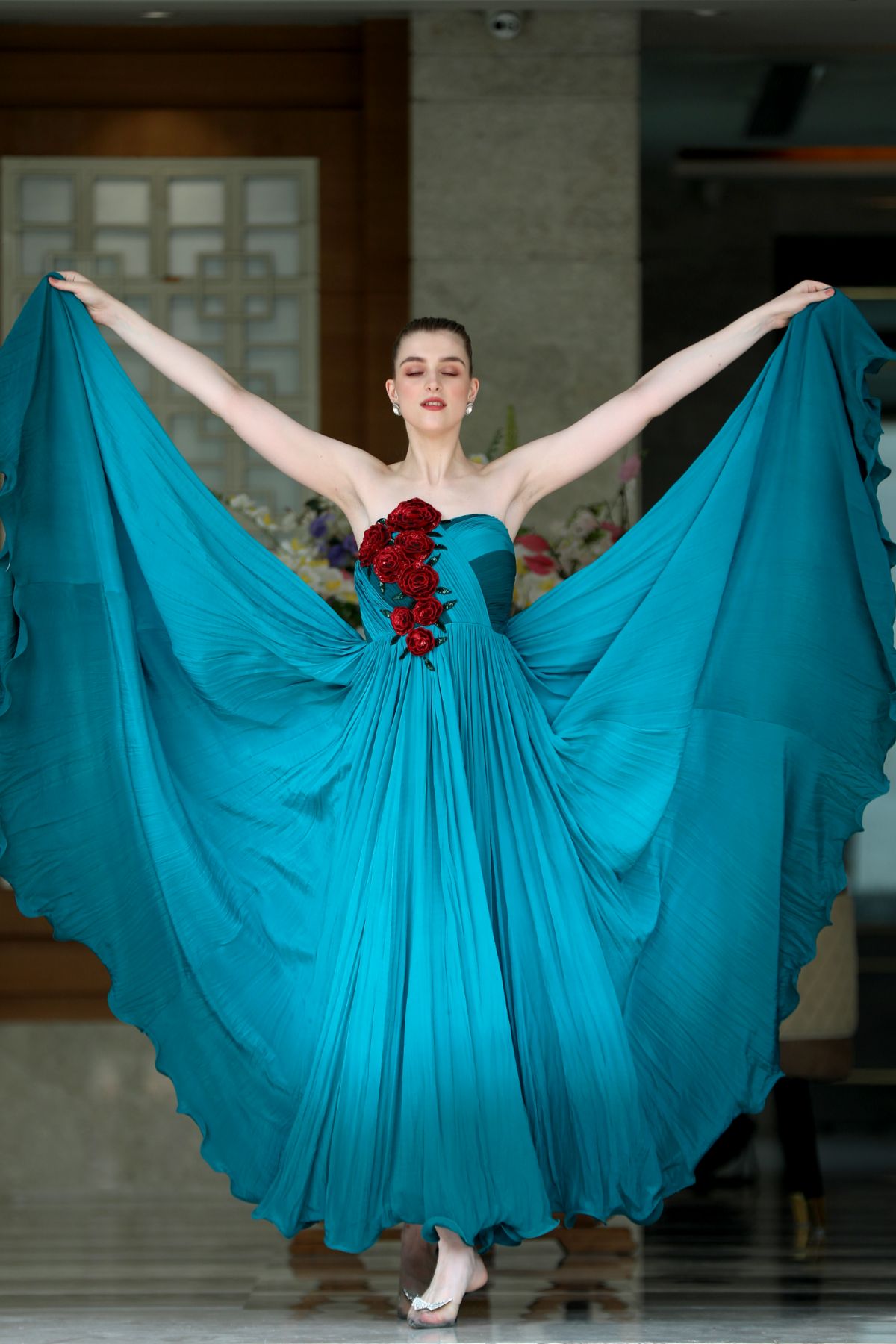 Bustier Embroidered Ombre Gown in Blue & Aqua