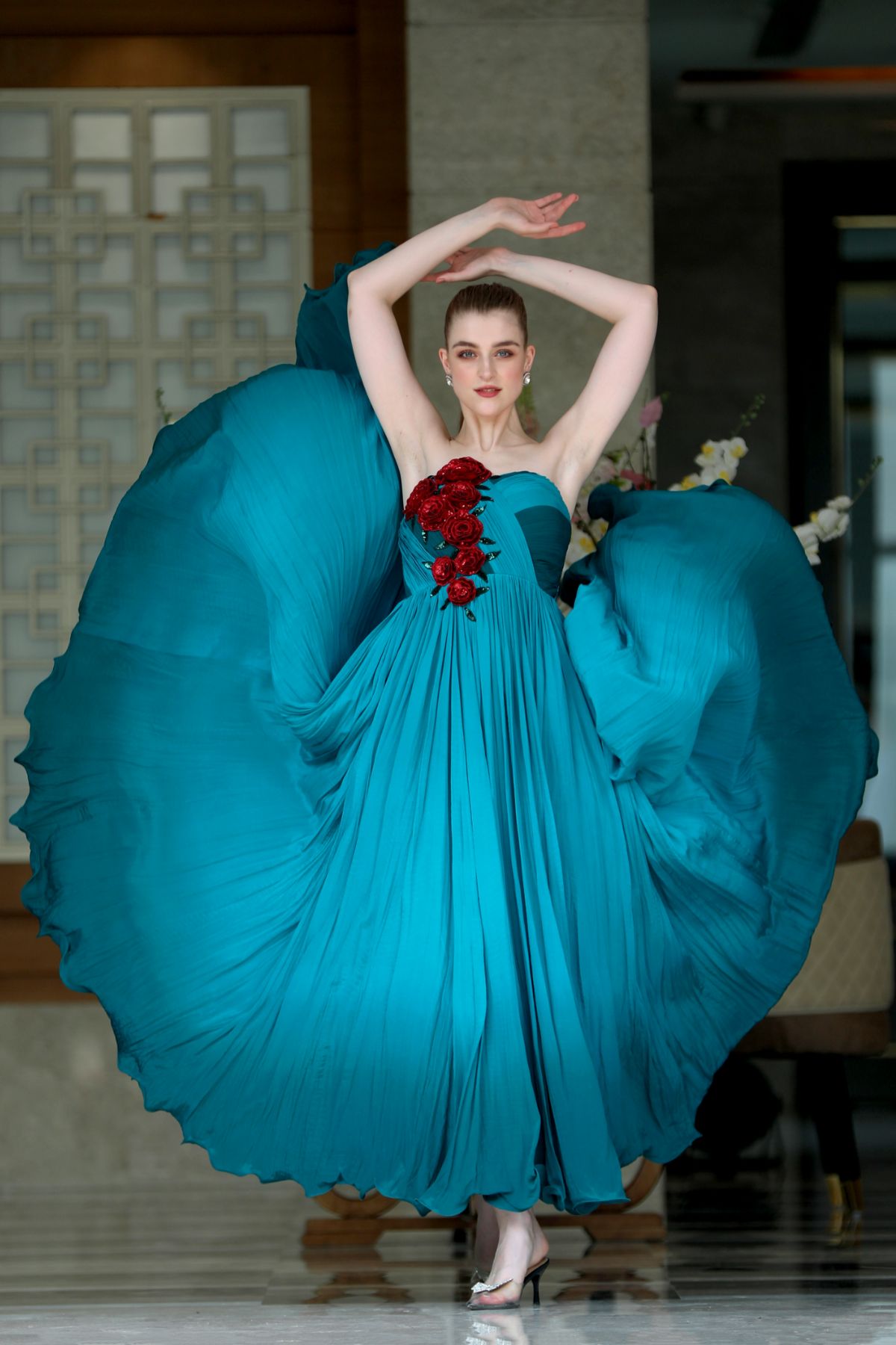 Bustier Embroidered Ombre Gown in Blue & Aqua