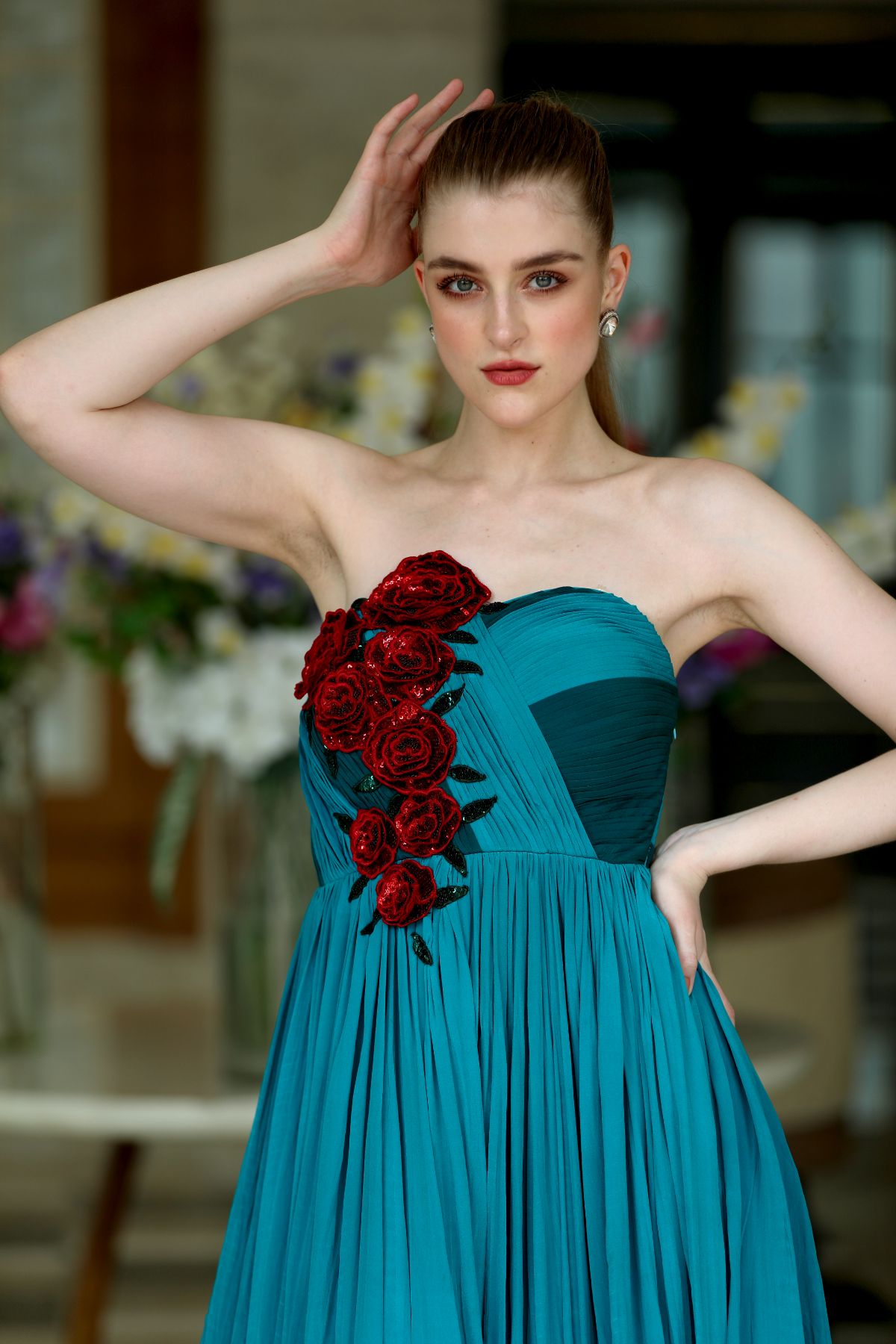 Bustier Embroidered Ombre Gown in Blue & Aqua