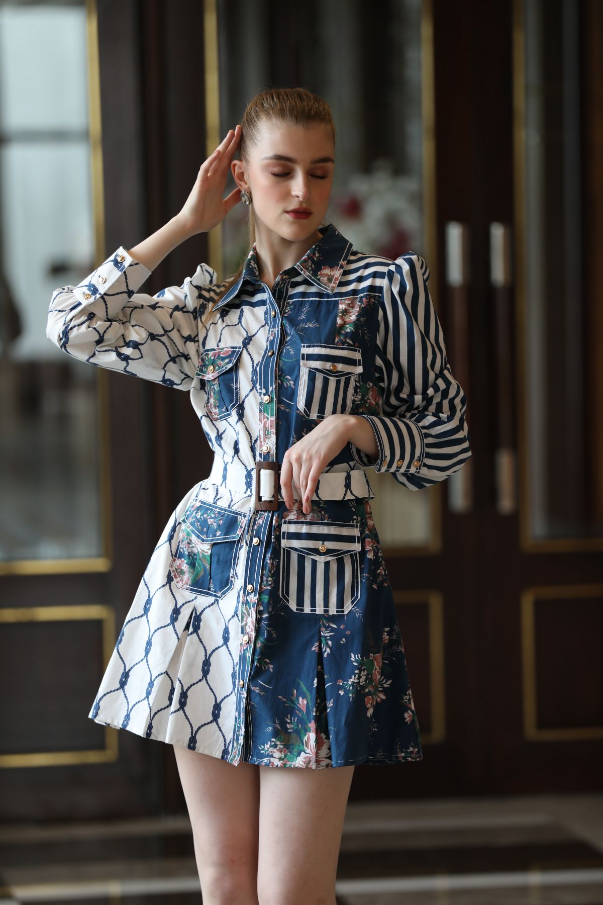Blue Color Block Shirt Dress