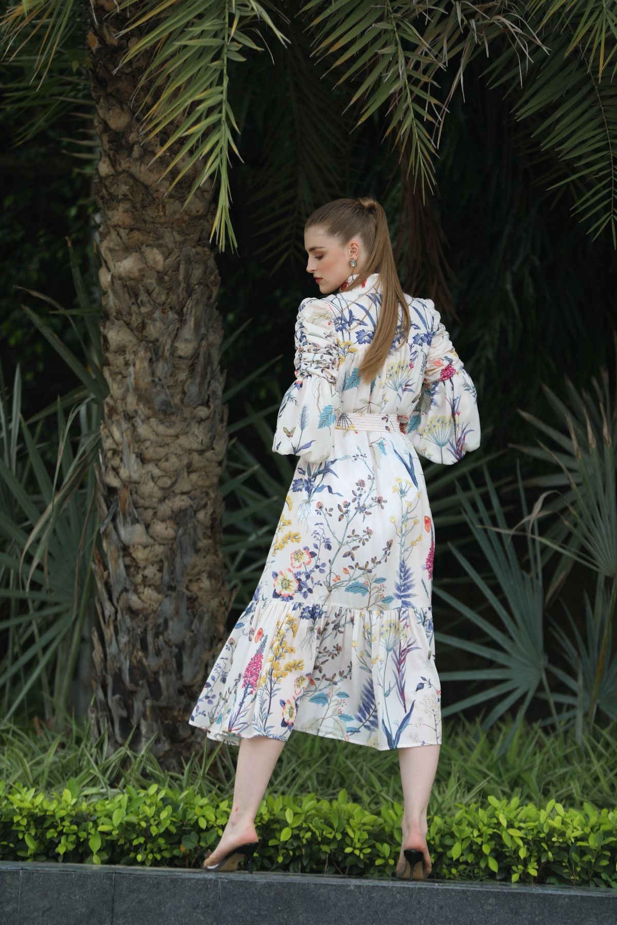 White Floral Ruched Sleeve Midi Dress