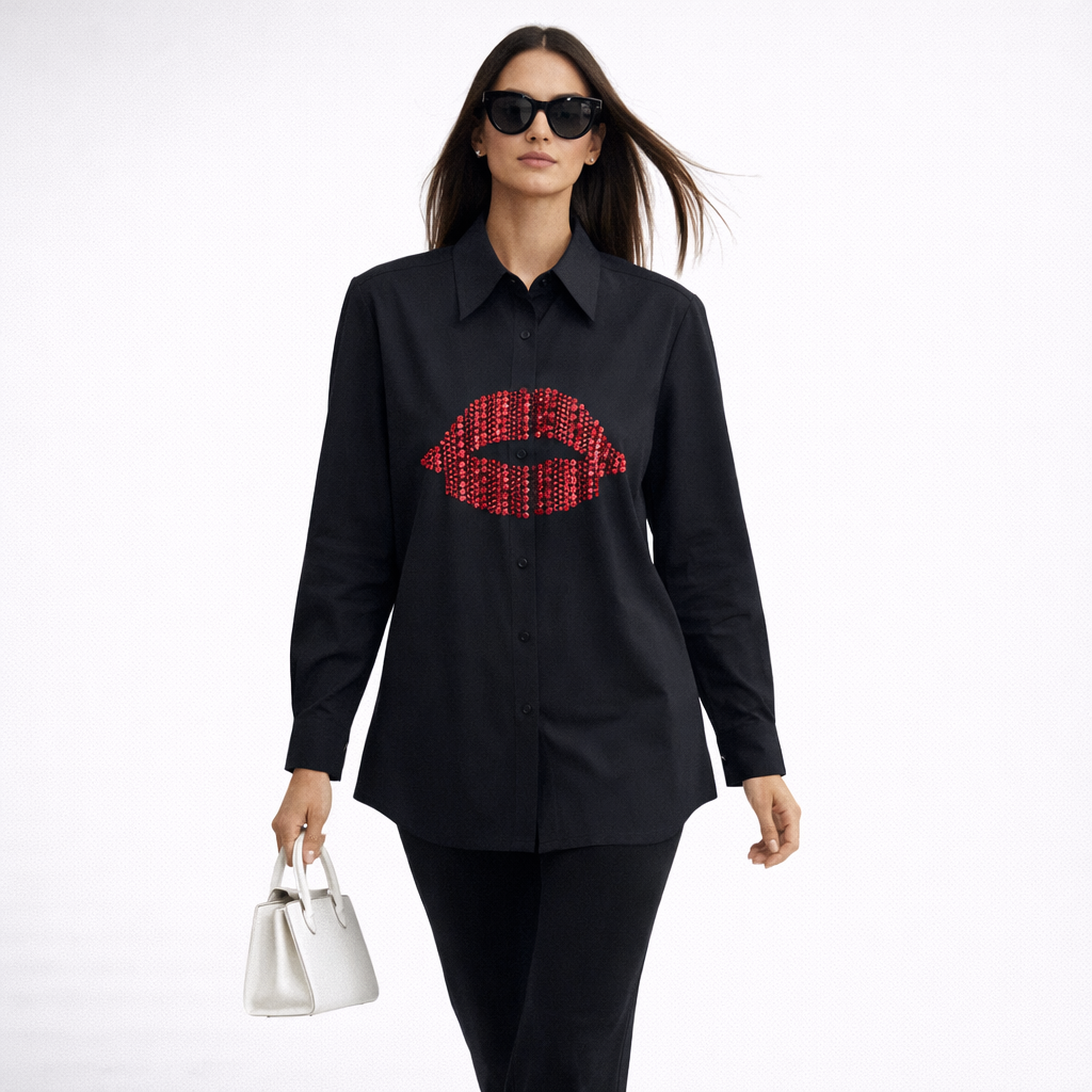 Black Shirt With Hand Embroidered Lips