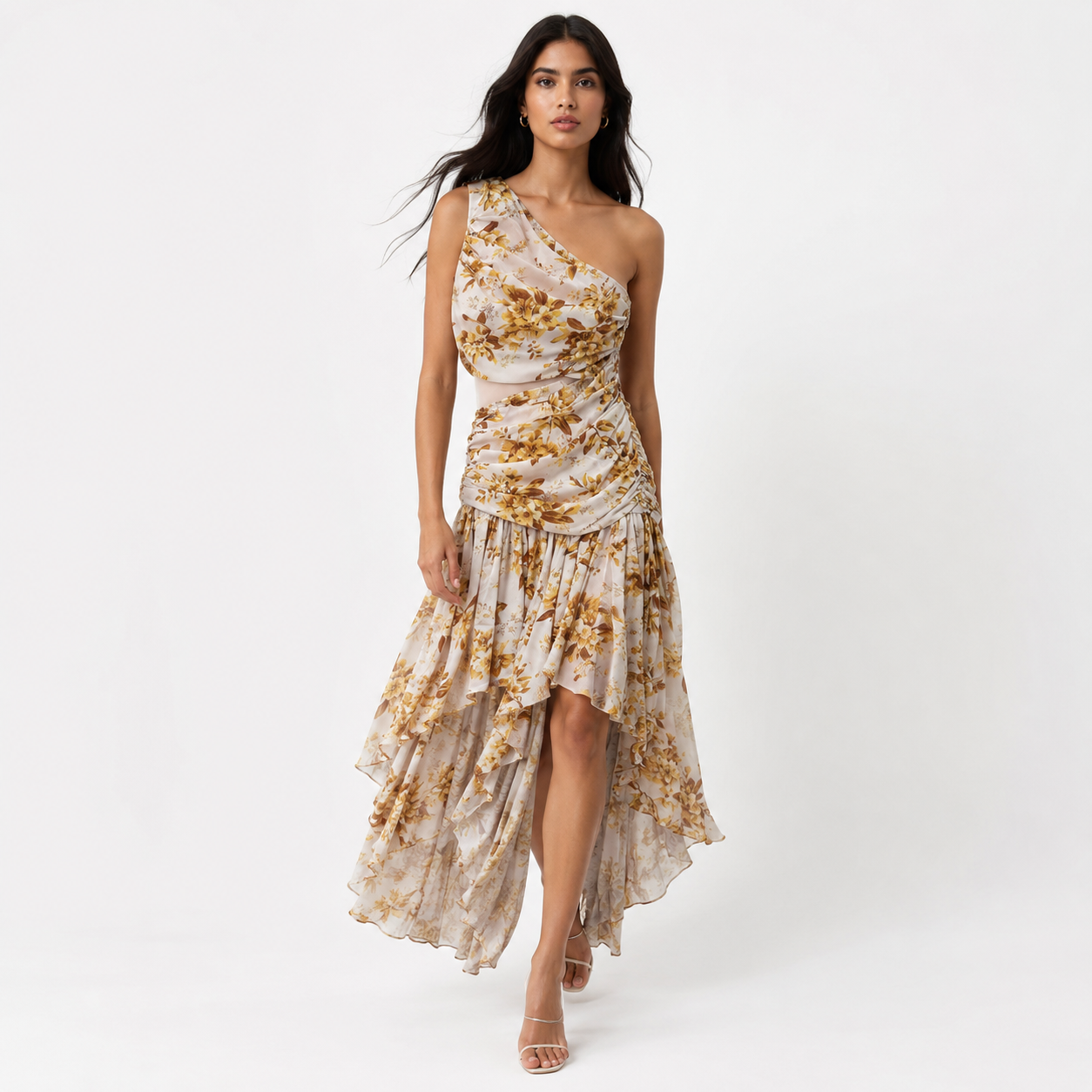 GOLDEN FLUER ASYMMETRIC DRAPE DRESS