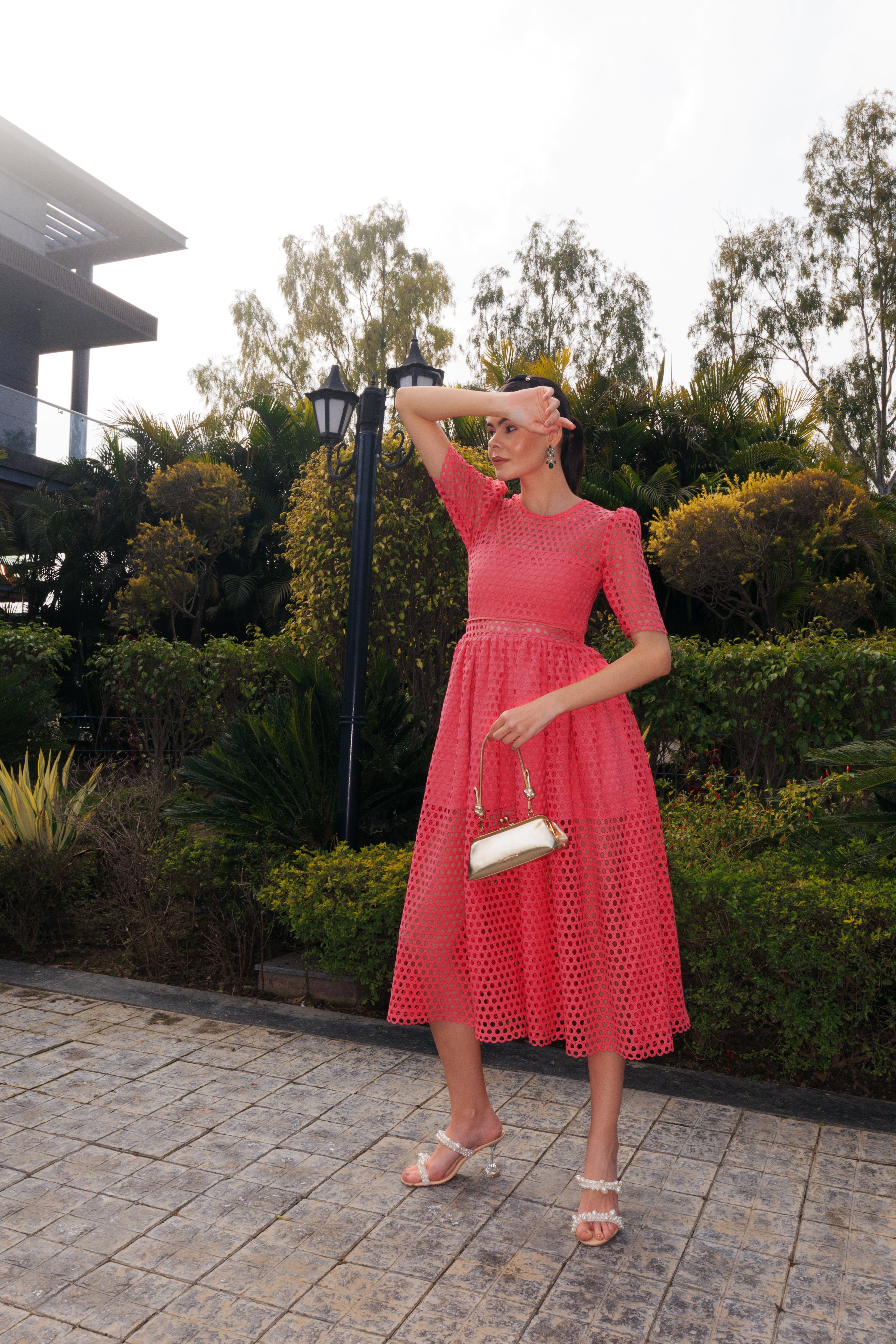 Coral Cutwork Midi Dress