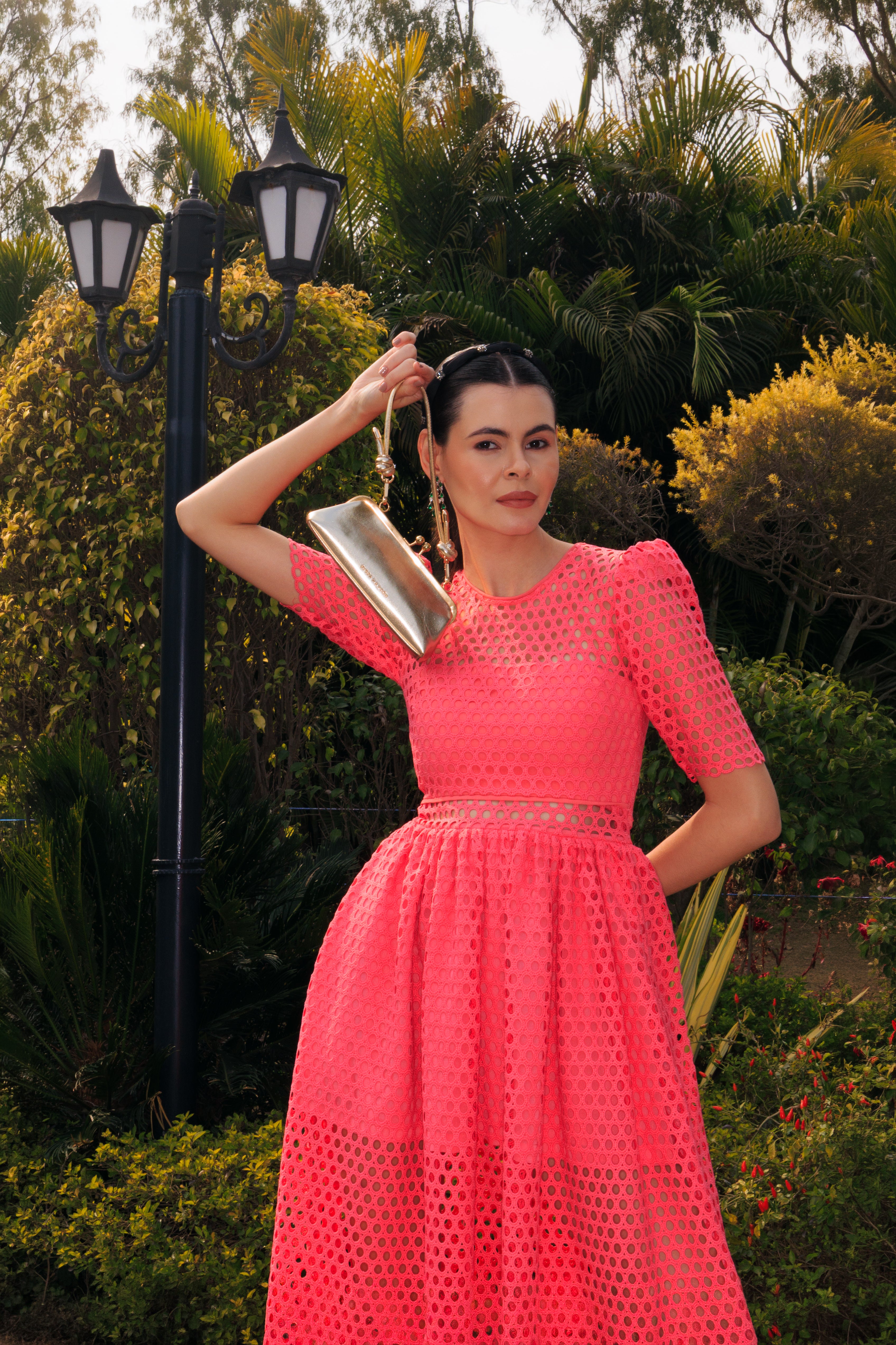 Coral Cutwork Midi Dress