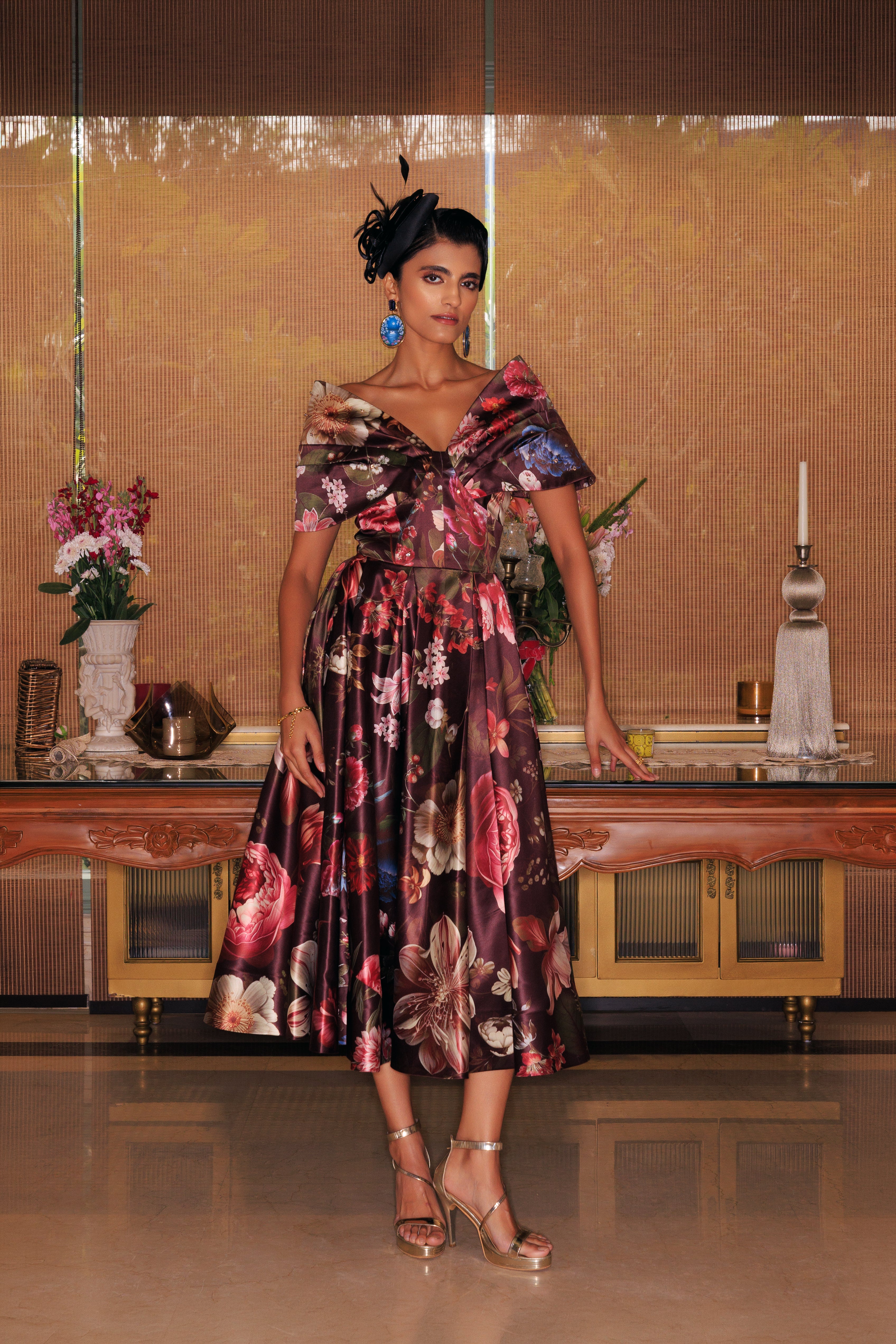 WINE FLORAL OFF-SHOULDER MIDI DRESS