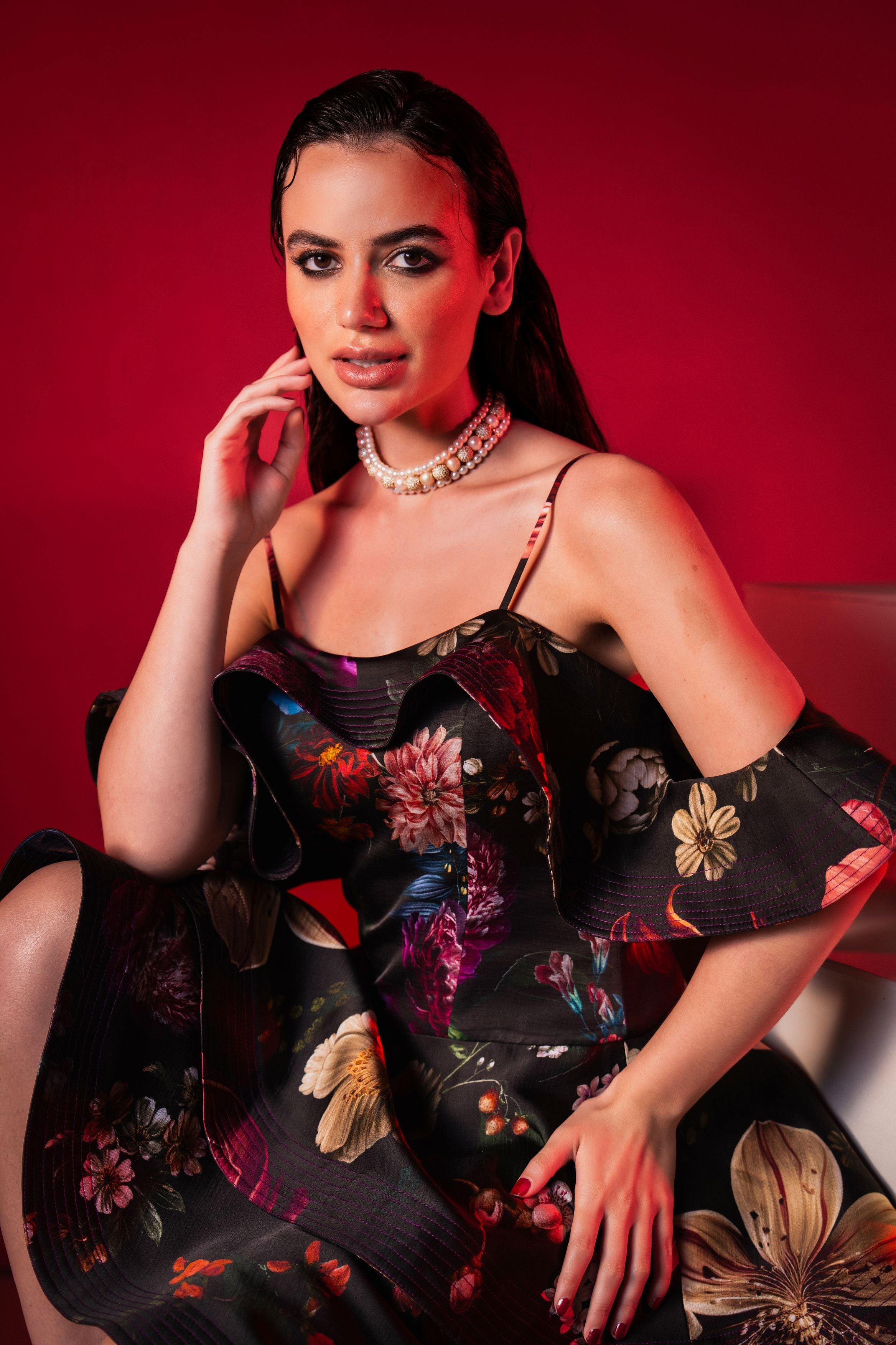 Dark Blossom Off Shoulder Tiered Dress