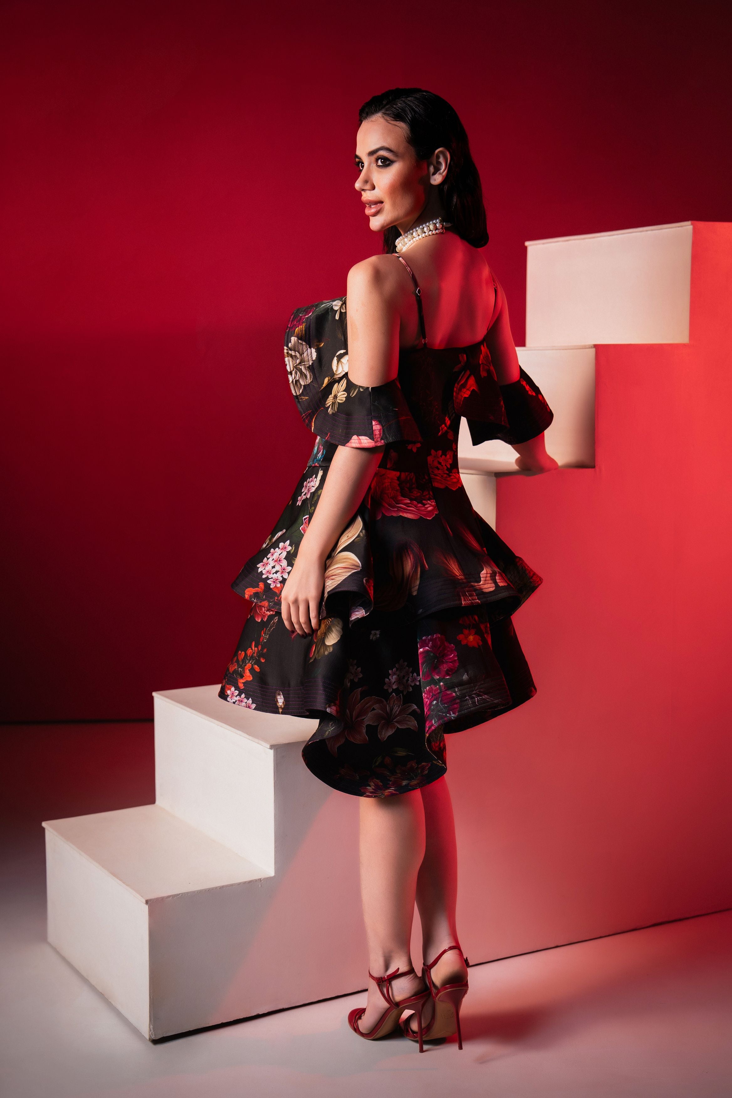 Dark Blossom Off Shoulder Tiered Dress
