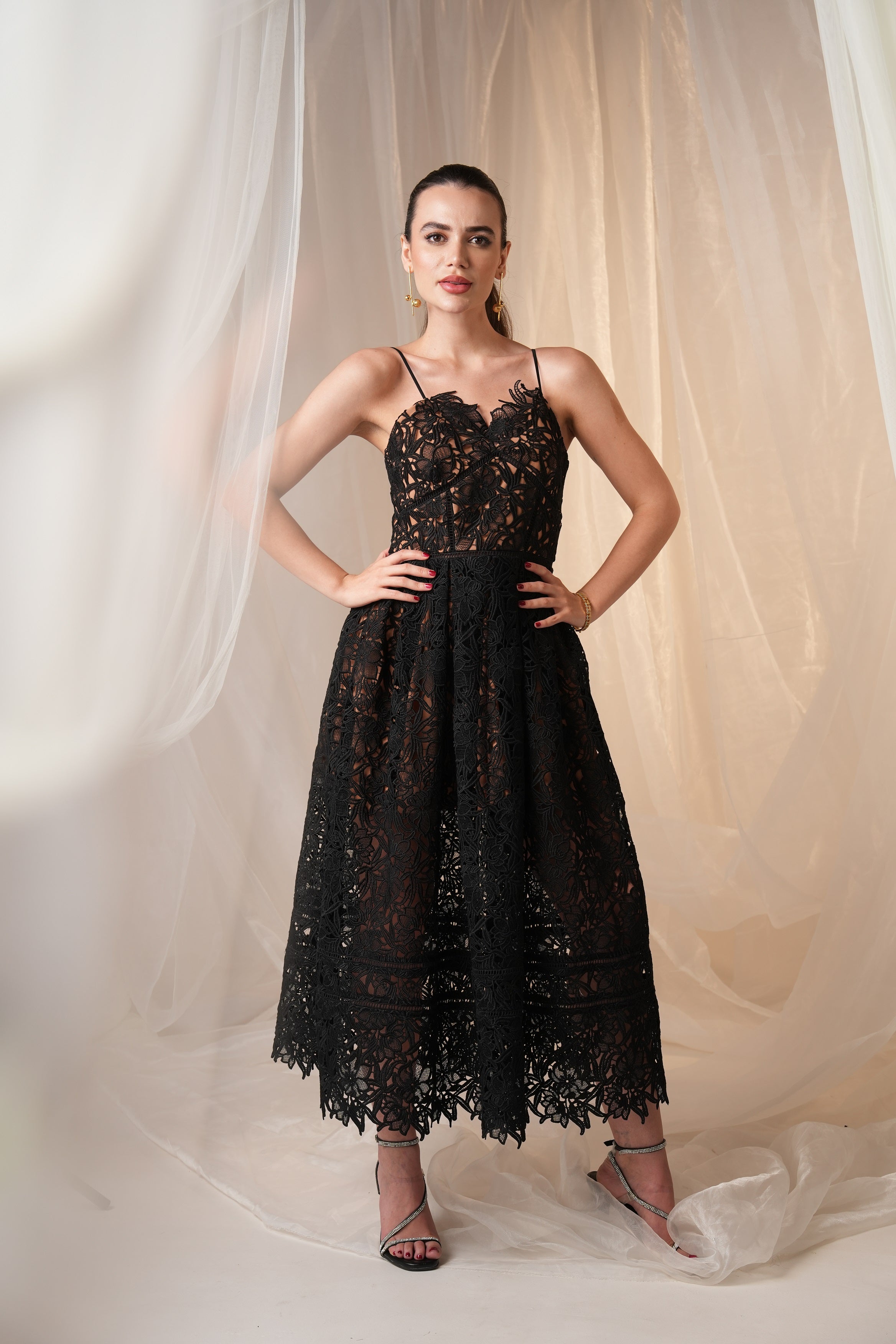 Black Guipure Lace Midi Dress