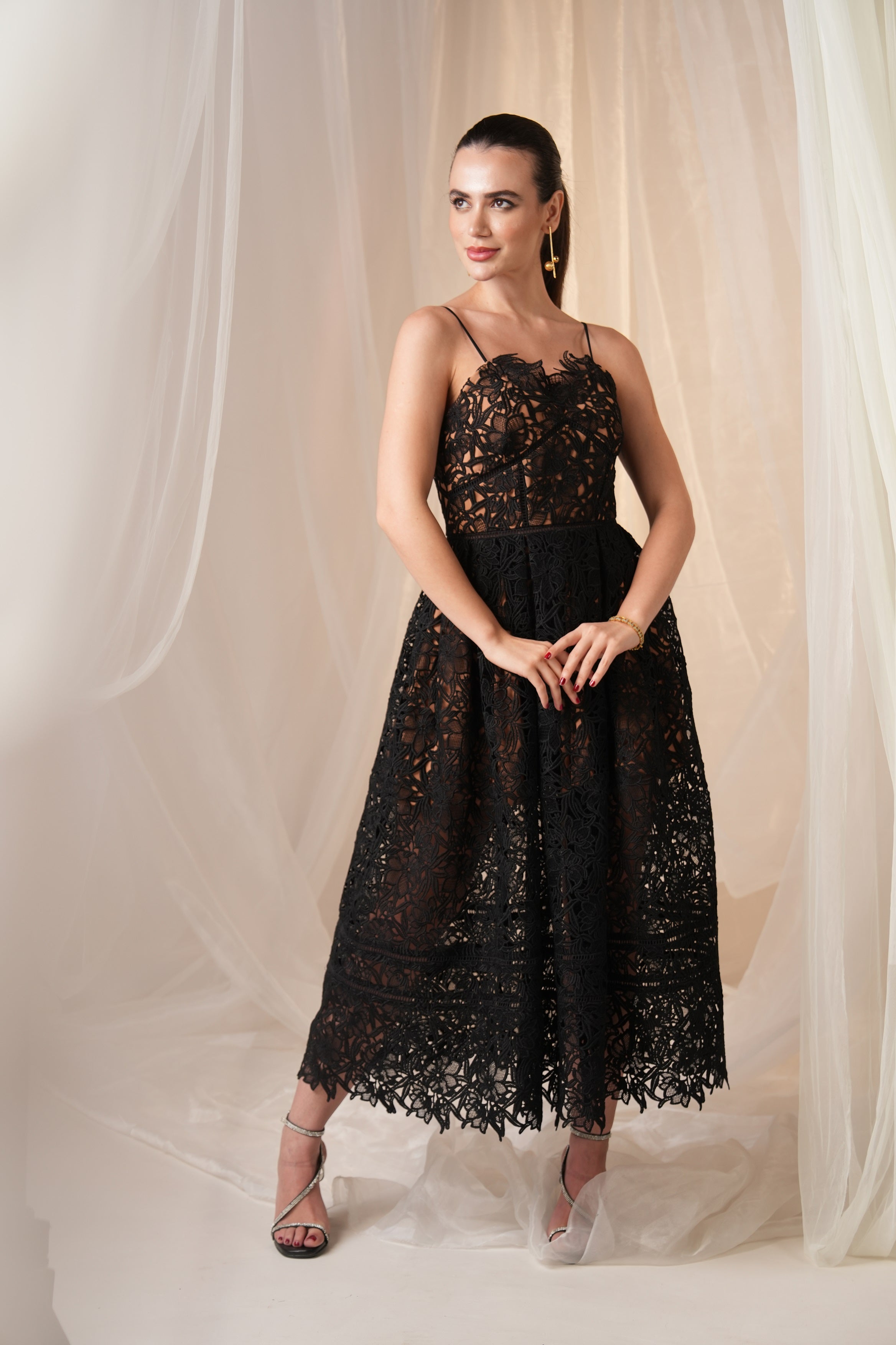 Black Guipure Lace Midi Dress
