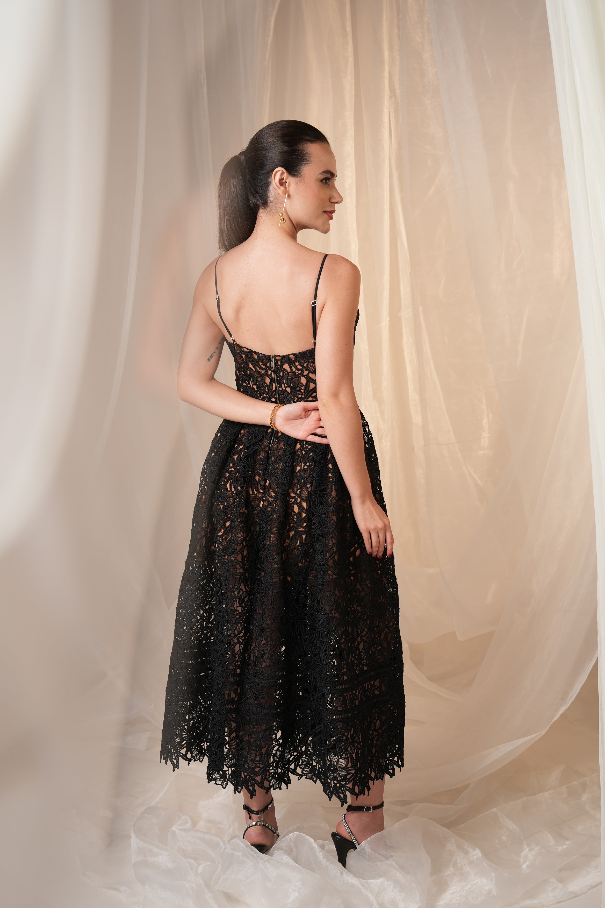 Black Guipure Lace Midi Dress