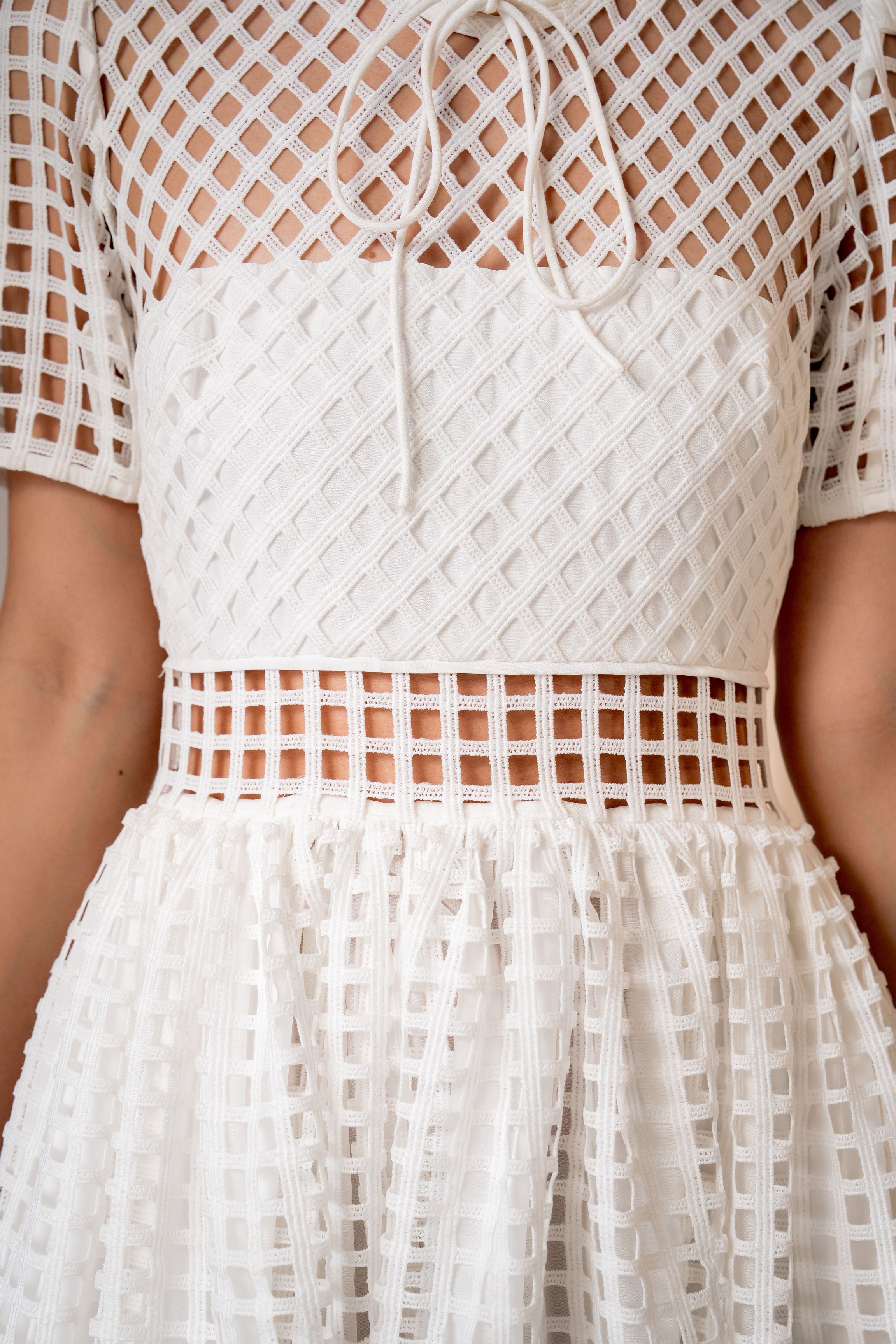 Lattice Lace Sheer Panelled Mini Dress - White