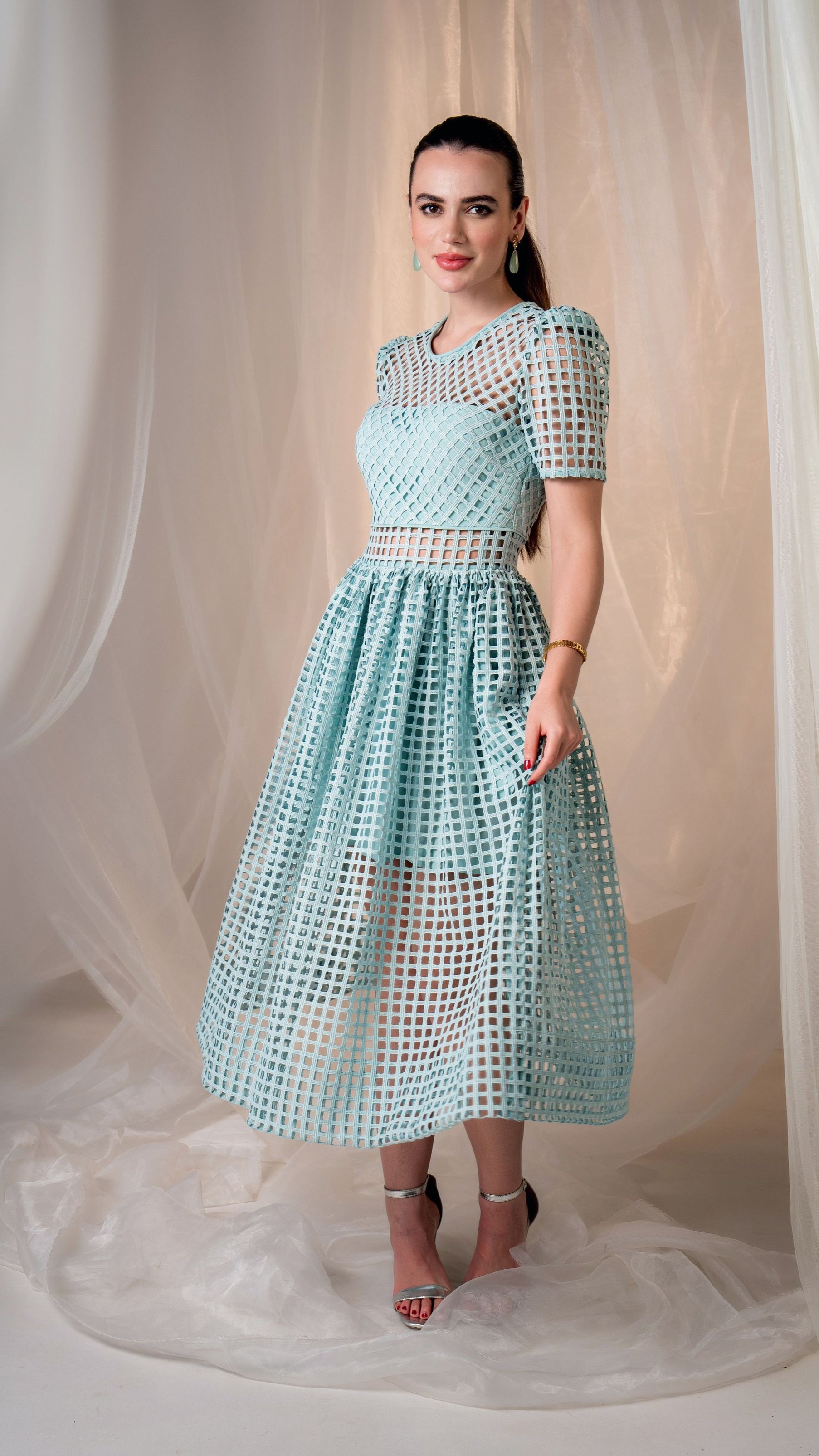 Lattice Lace Sheer Panelled Midi Dress - Teal Blue