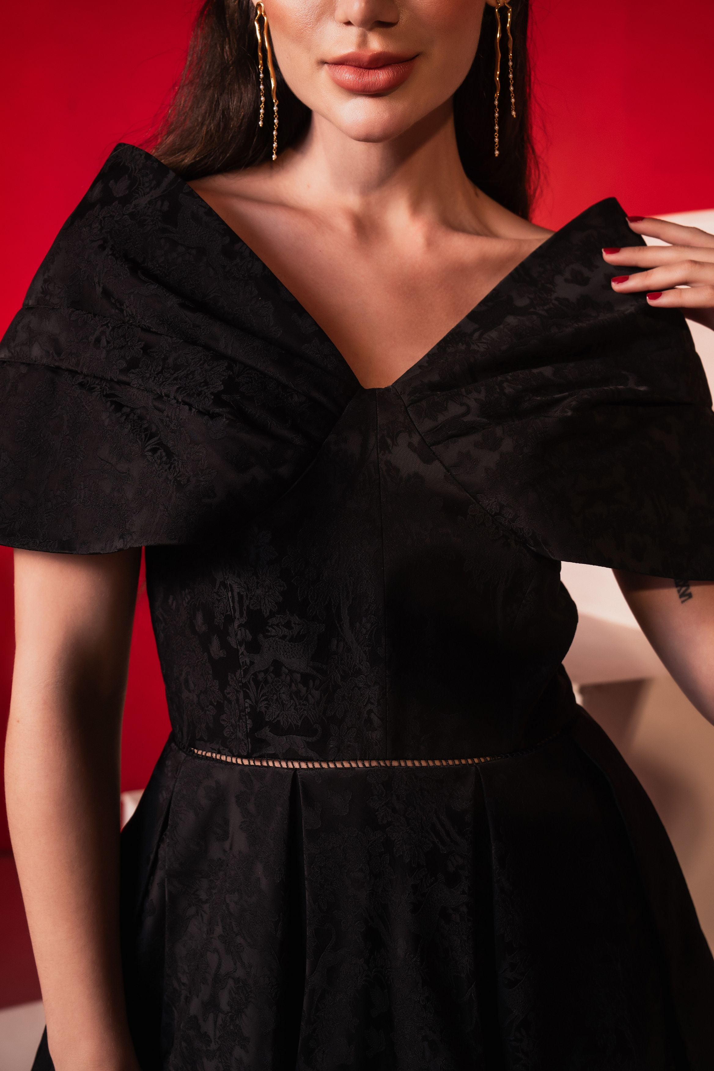 Black Jacquard Exaggerated Shoulder Mini Dress