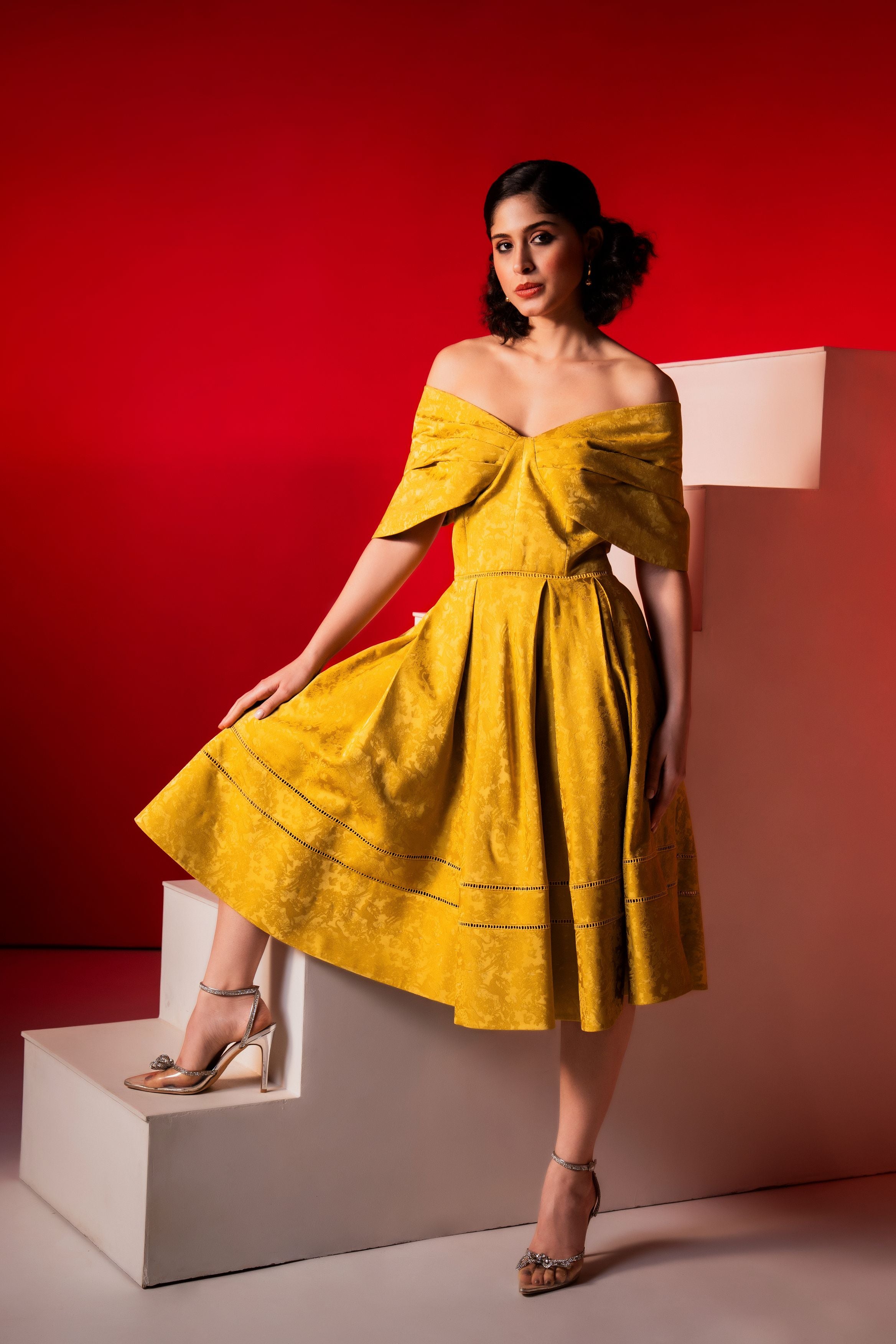 Yellow Jacquard Exaggerated Shoulder Skater Midi Dress