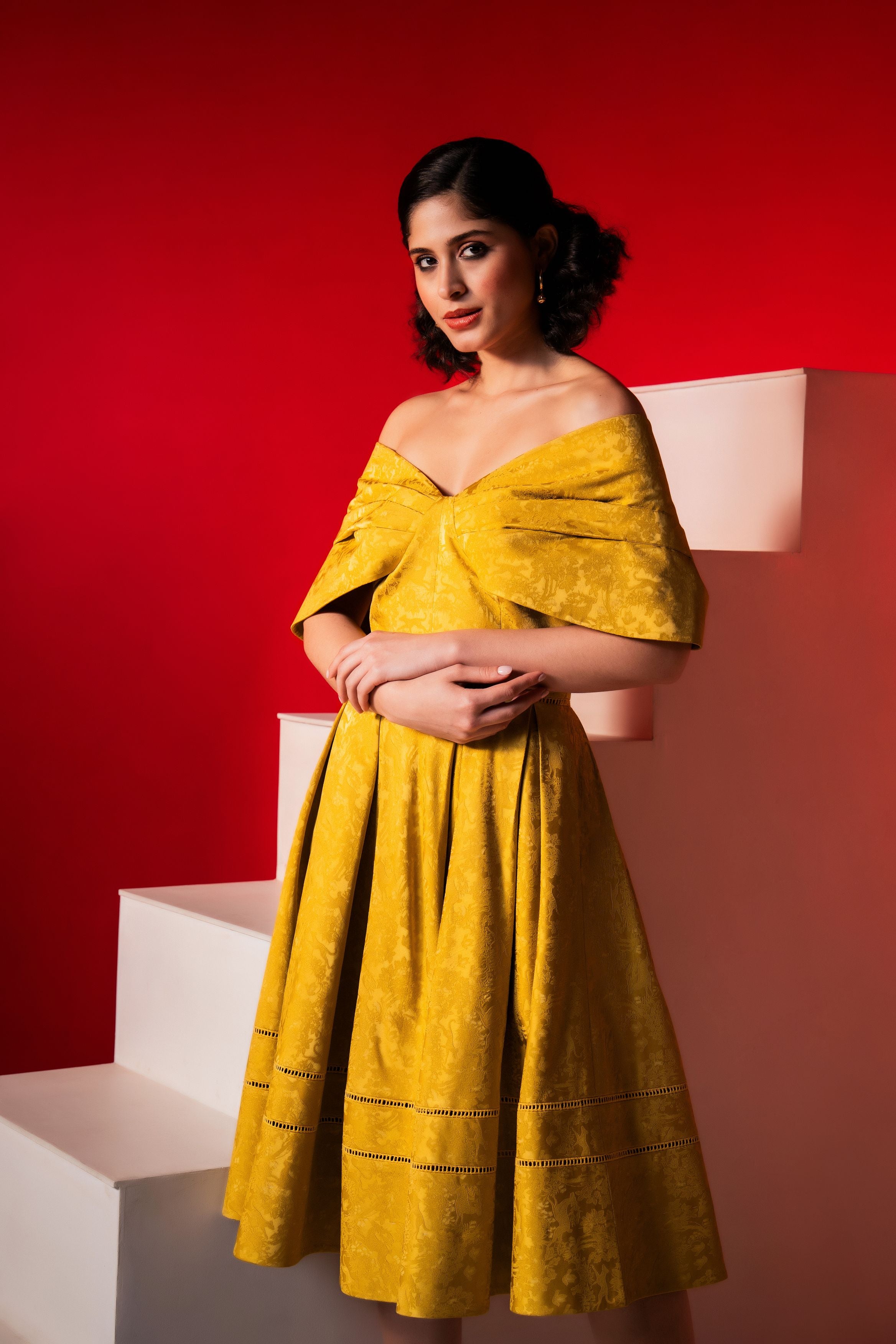 Yellow Jacquard Exaggerated Shoulder Skater Midi Dress