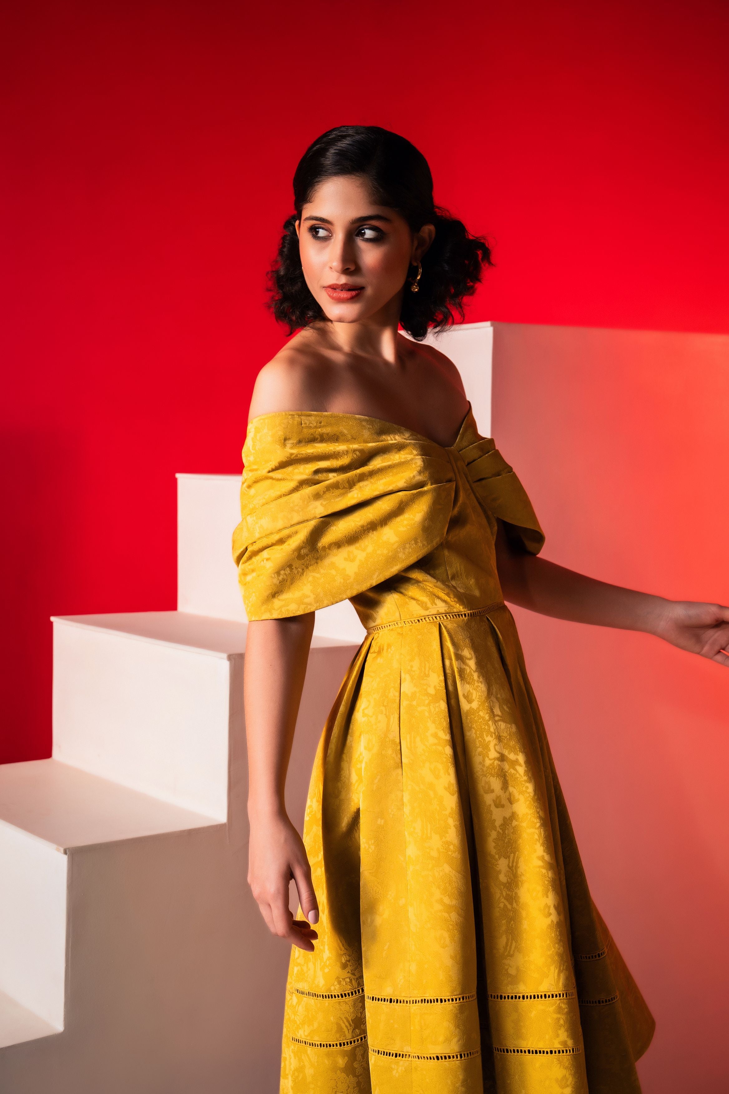 Yellow Jacquard Exaggerated Shoulder Skater Midi Dress
