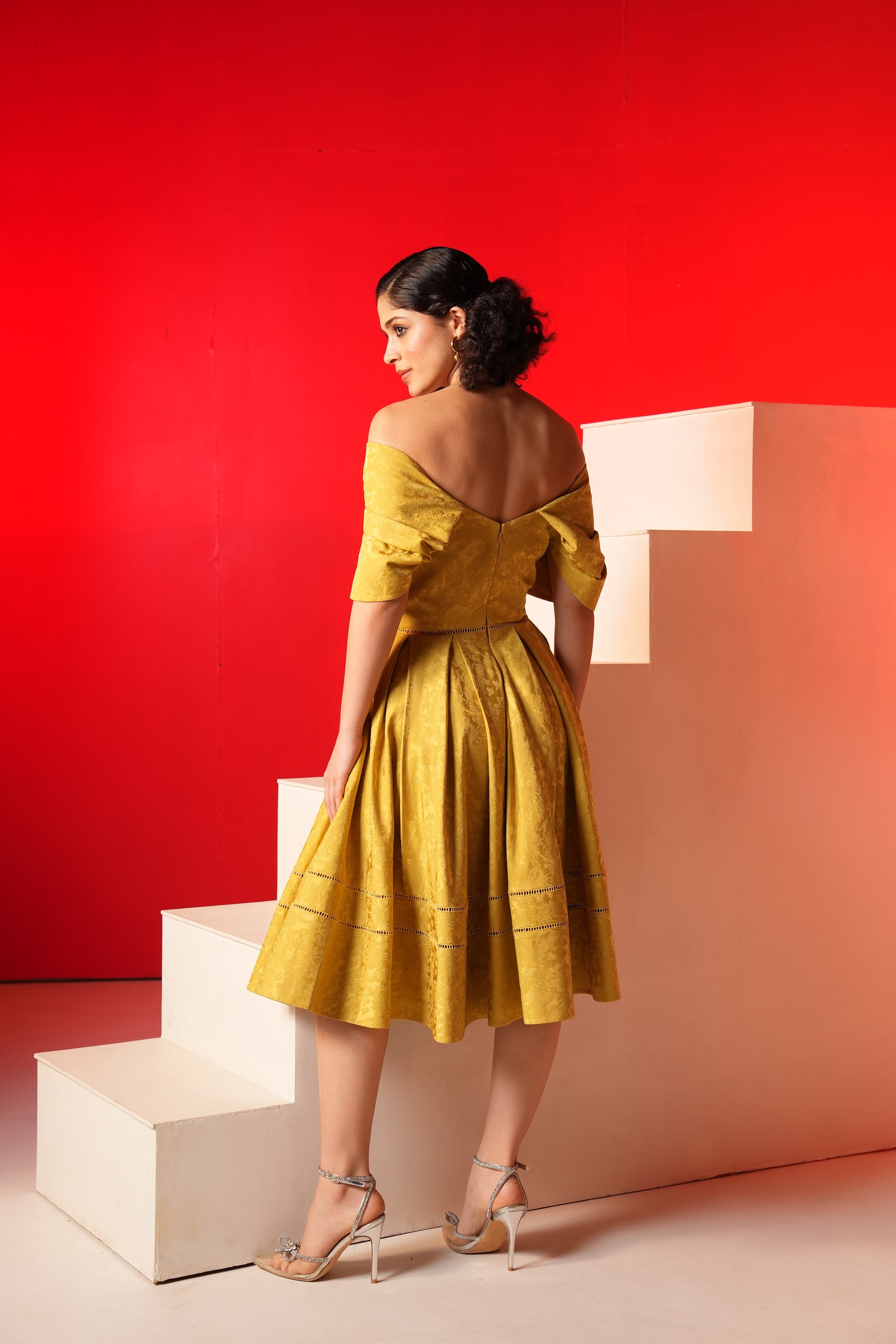 Yellow Jacquard Exaggerated Shoulder Skater Midi Dress