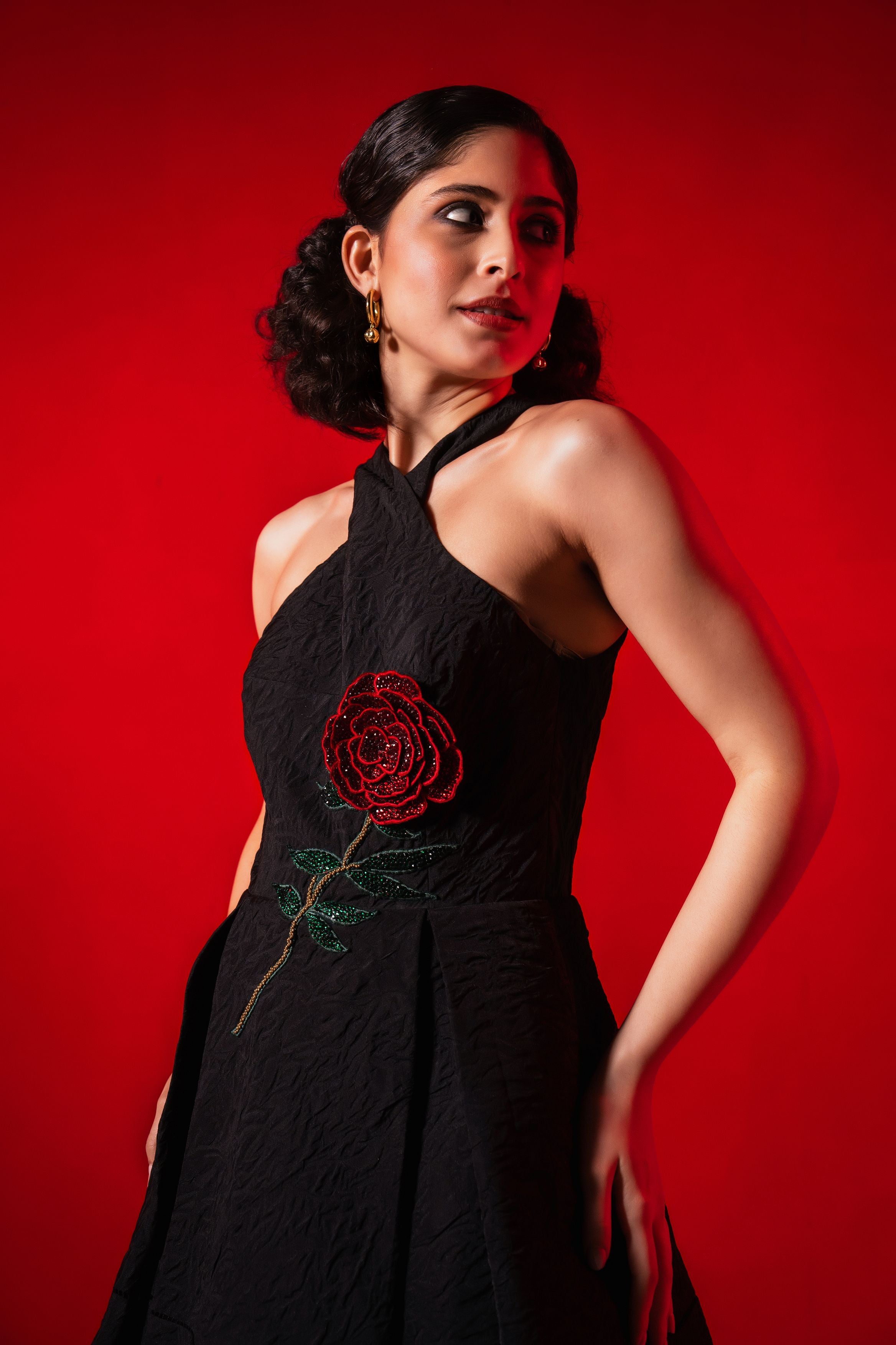 Cross Over Halter Neck Pleated Embroidered Mini Dress