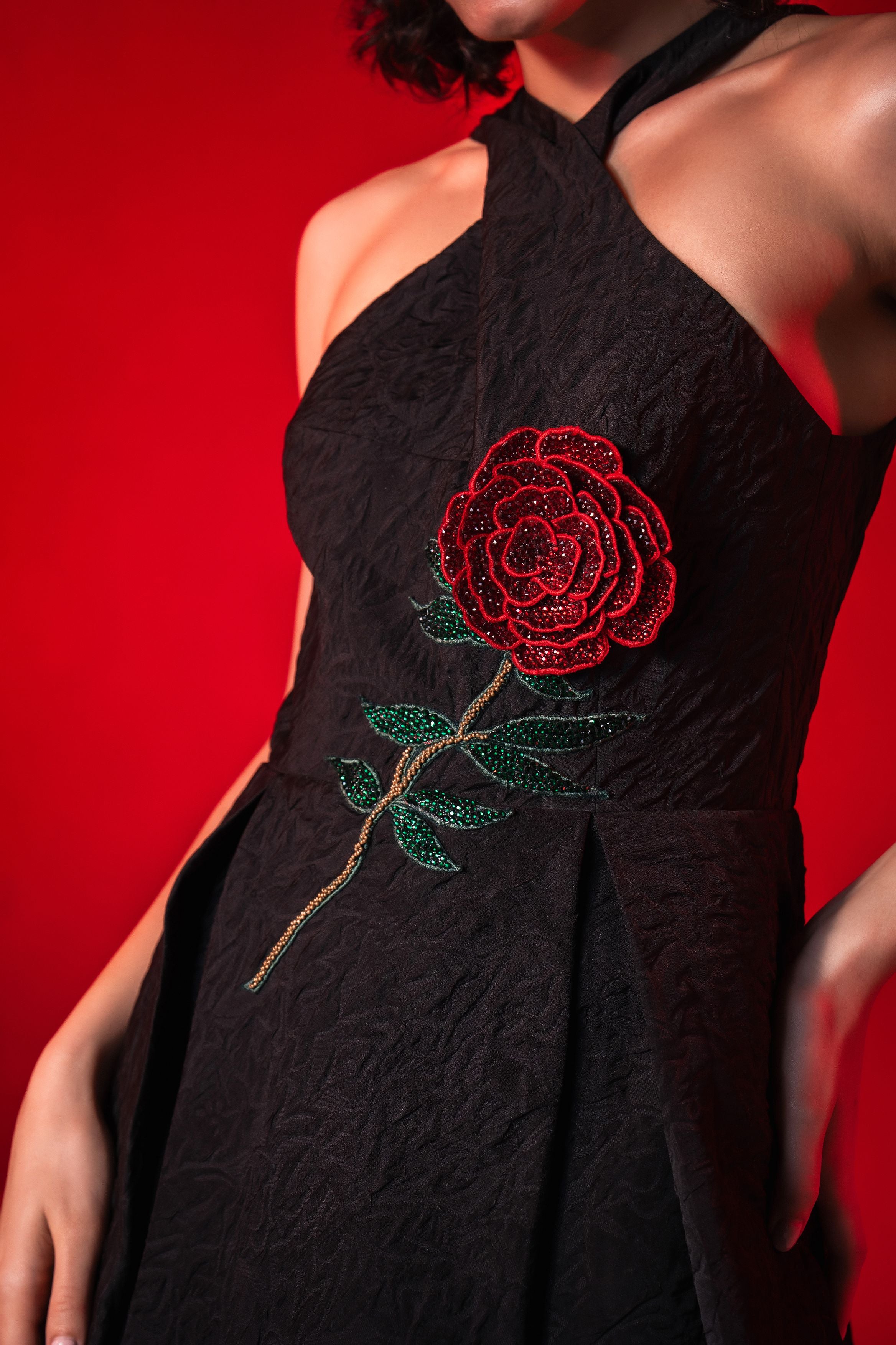Cross Over Halter Neck Pleated Embroidered Mini Dress