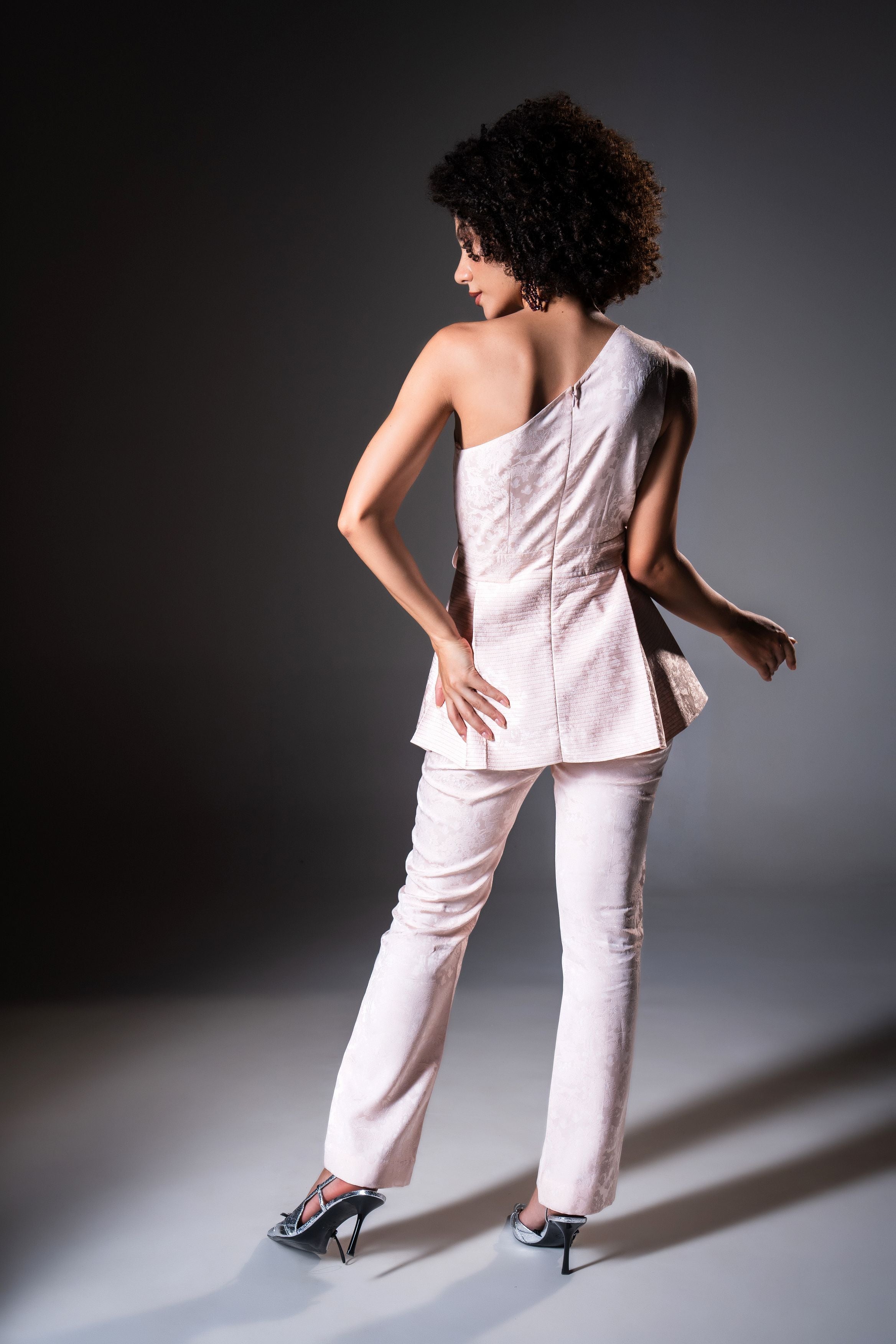 One Shoulder Pleated Asymmetric Top with Pants ( Set of 2 ) - Pink